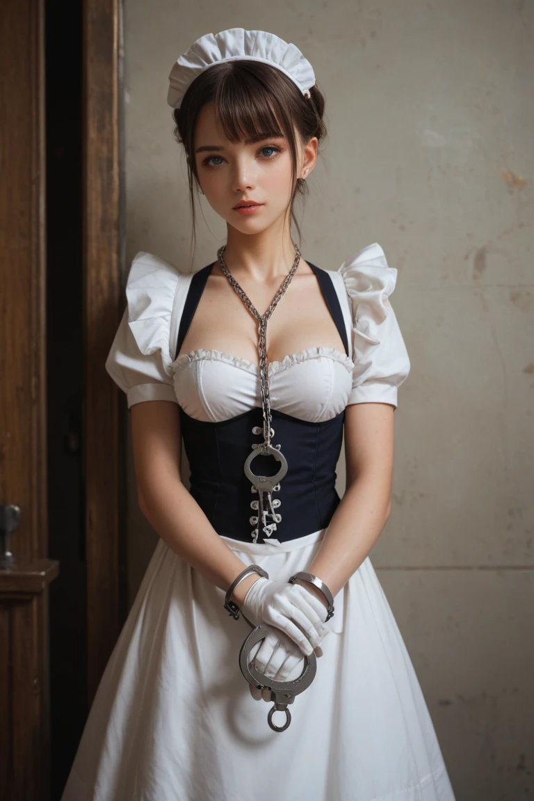 (Best Quality, masutepiece:1.4), (Realism:1.2), (Realisitc:1.2), (absurderes:1.2), (Photorealistic:1.3), 1girl in,Realistic skin,Solo,( Very big eyes,Beautiful detailed eyes, symmetrical eye), riven \(League of Legends\), 1girl in, folded ponytail, Short dress, Single-pole drone, corsets, White hair, Sitting, Upper body, Cowboy Shot
