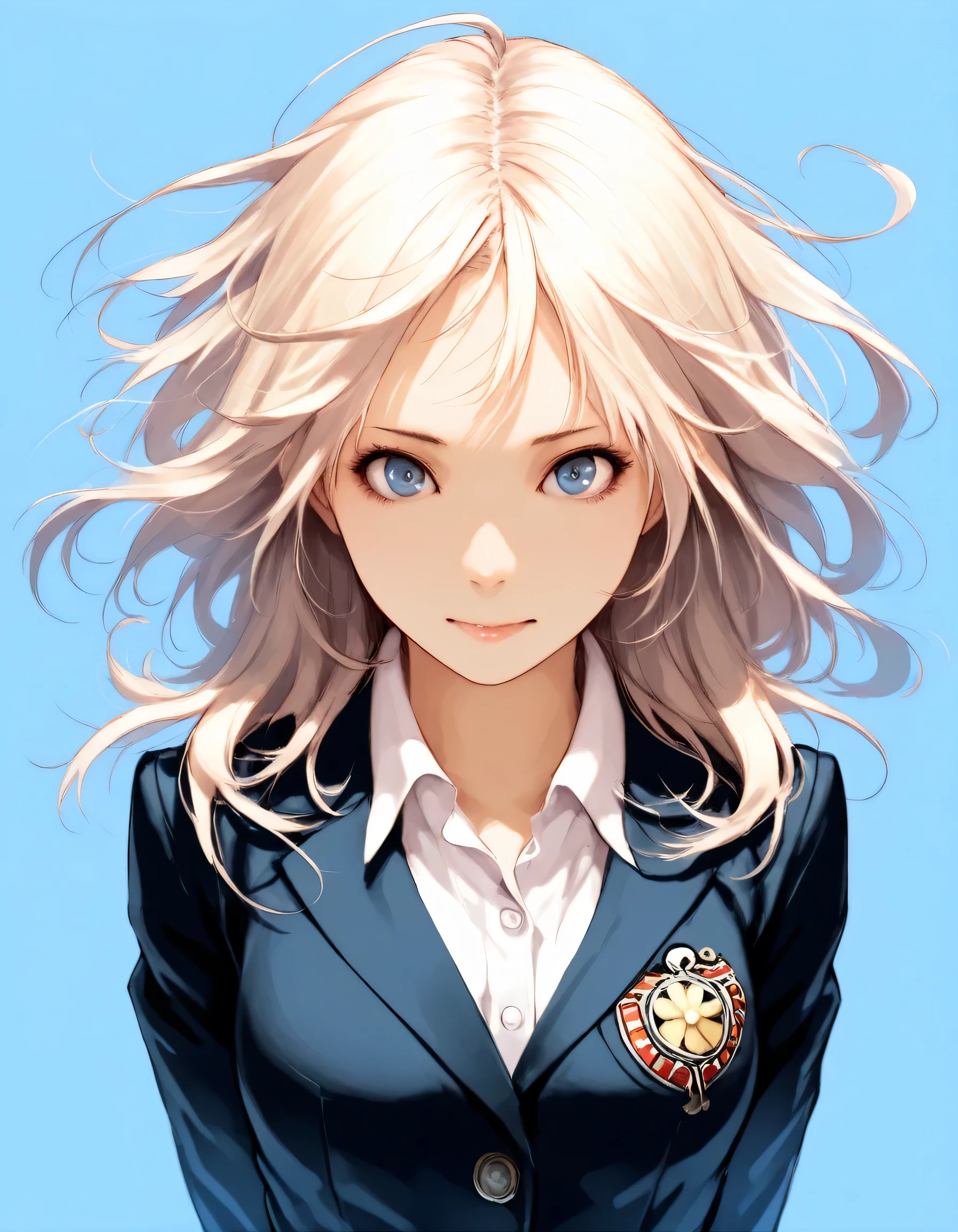 1girl, persona, year 2016, upper body, school uniform, blazer, white shirt, blue background, masterpiece, high score, great score, absurdres, 16k, super detail