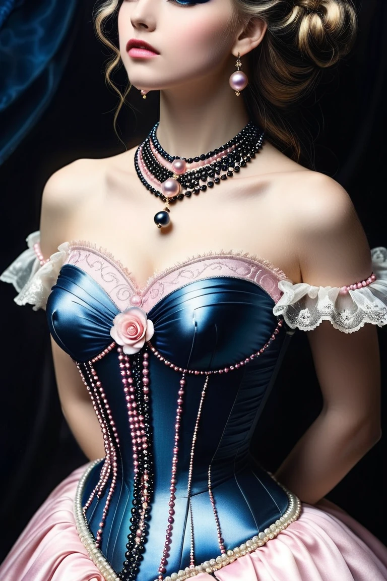 (Feminine Photo:1.3) of a woman in a blue latex dress with a corset, wearing latex and harness, black latex suit, latex shiny metal choker on neck, latex outfits, wearing black latex outfit, latex dress, futuristic glossy latex suit, blonde hair, white background,Highly Detailed,(close portrait:1.3),thematic background of Art Nouveau, full of color, twisted branches of vine and flowers, mystic art, enchanted, masterpiece,-sharp focus, Soft light, swirling storm of Camera shadows, Rembrandt lighting, shadows