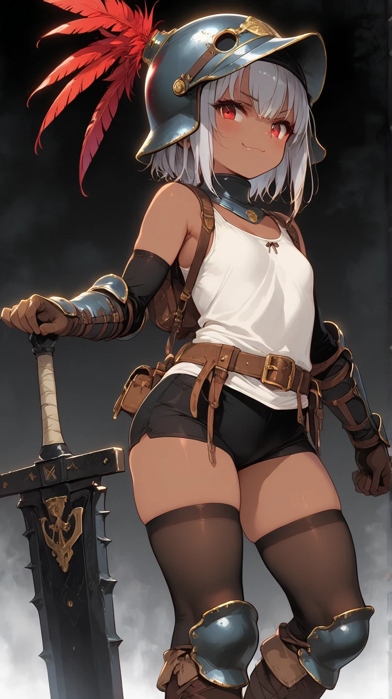 (best quality,4k,8k,highres,masterpiece:1.2),ultra-detailed,((shoujo girl)),((fox girl)),((medium hair)),((full body)),((stand pose)),((((very baggy and long cotton leg warmers)))),((bare feet)),((thong)),((short battle blouse)), ((battle gloves)), ((((carrying a giant sword)))),((fully detailed)),illustration,vivid colors