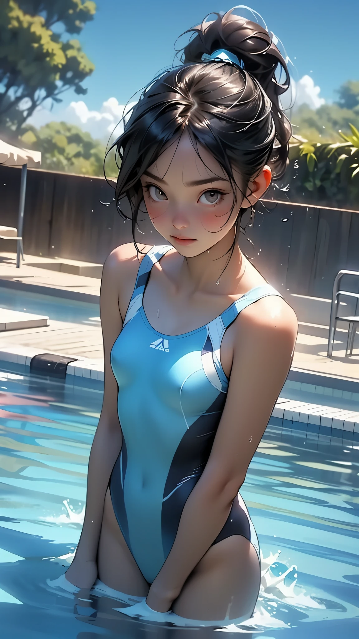 8K quality,(super masterpiece:1.3),Highest quality,Detailed Images,1 female,symmetrical beauty,10th Generation,face(Embarrassing,blush,bright red),(Light blue hair,Long Hair,High Ponytail,Big hairpins for bangs),(Thick eyebrows,Thick eyebrows),(Large Breasts,F cupの胸),Tan Skin,posture(Facing forward,place your hands on your knees,Leaning forward),(School Swimsuit),(Draw the upper body,Draw the front),background(Submerged City,Flooded station,Submerged City,A sunken ruin),(faceはカメラに対して真正面を向く,Looking directly at the viewer,looking at the camera,The body faces the viewer,The body is facing the direction of the camera,faceはカメラを真っ直ぐ見る).