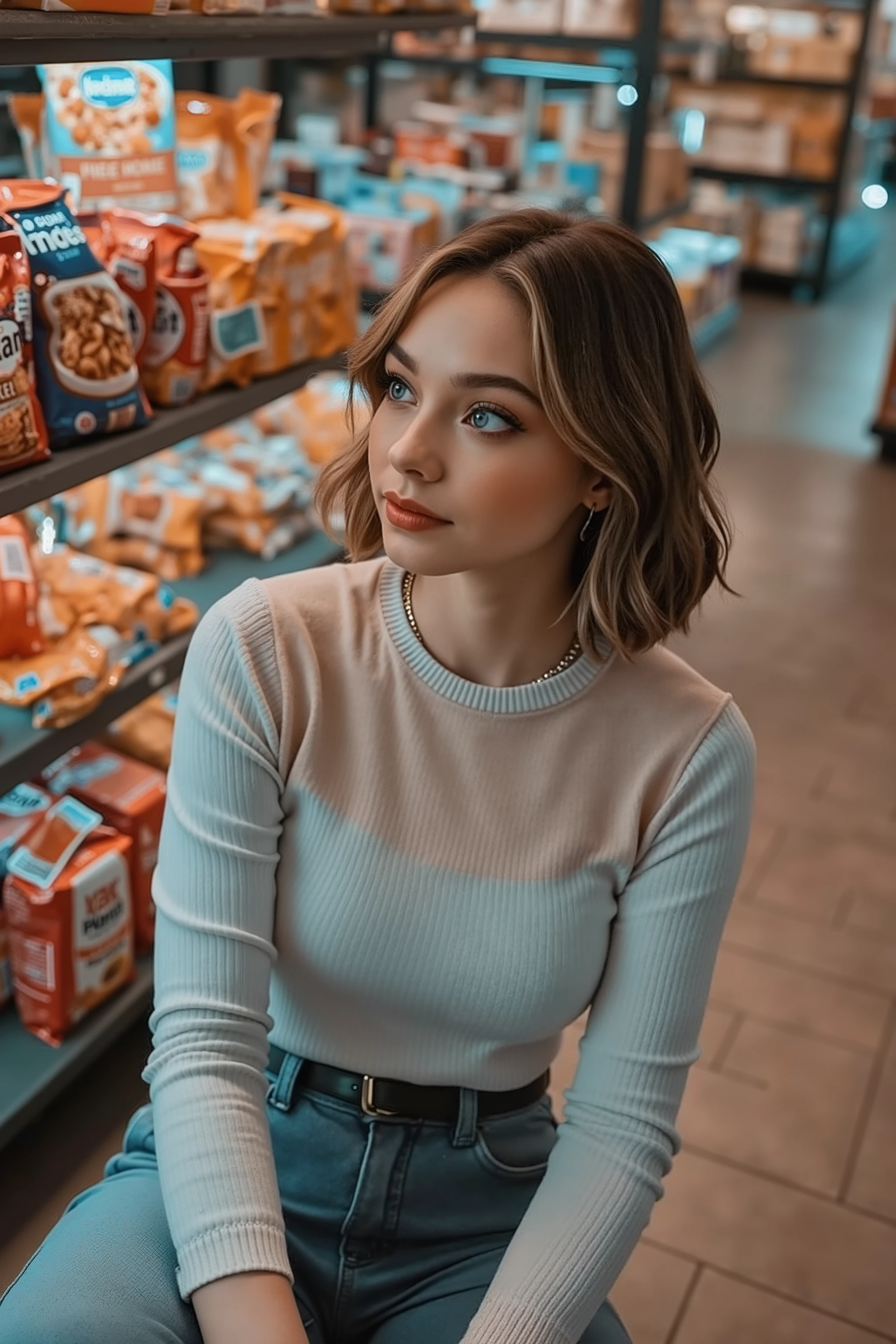 sfw, full body photo, sfw, ((angle high photo from above)), Emma Myers, front view or side view or back view, arafed woman kneeling on the floor in front of a shelf of snacks, perfekt ass, anna nikonova aka newmilky, sitting on a store shelf, stood in a supermarket, jovana rikalo, by irakli nadar, photography alexey gurylev, by Ignacio Zuloaga, photoshoot, fashion model, realistic colorful photography, in style of petra collins
