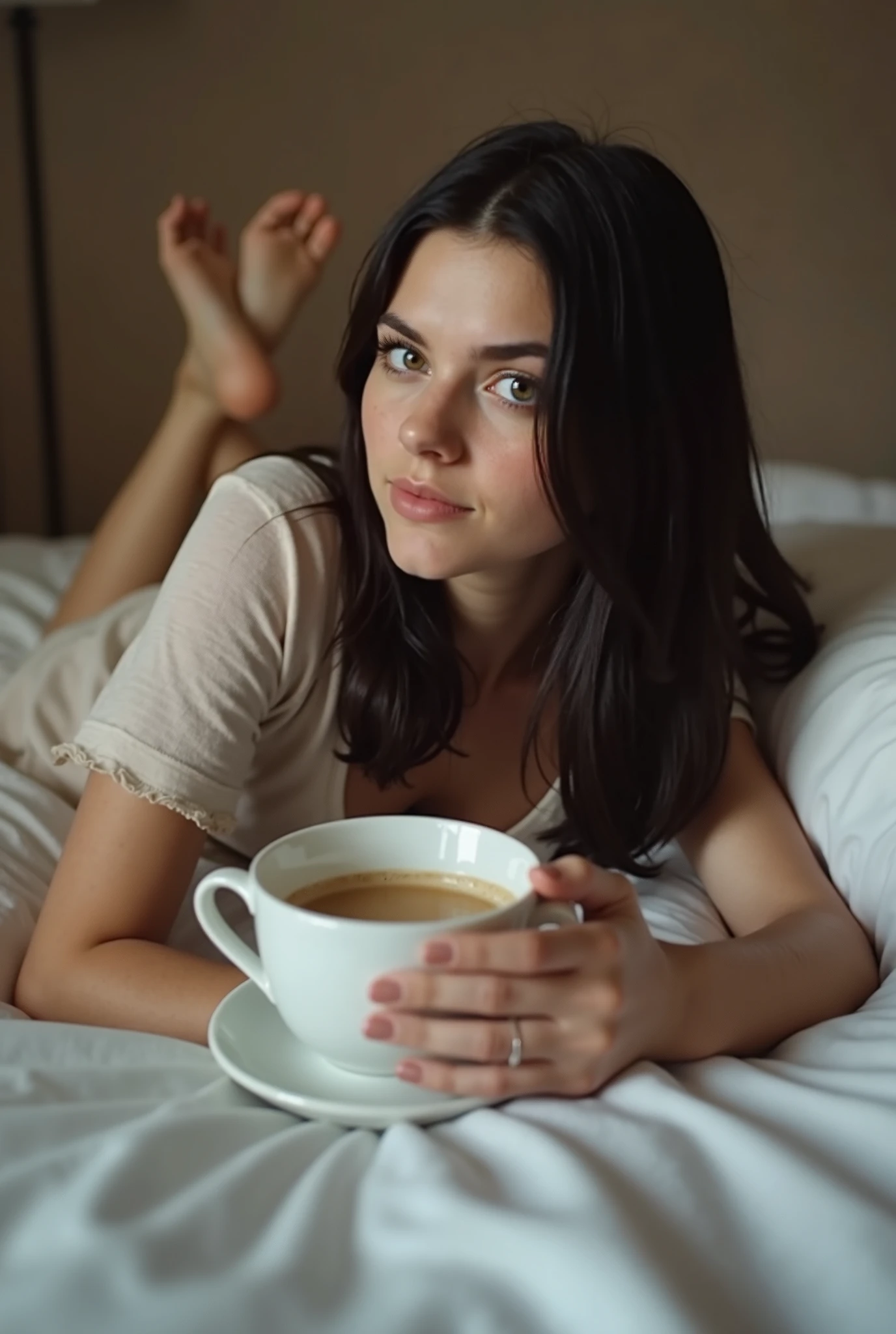 Gorgeous young European brunette woman. she take coffe and breakfast in this kitchen. she is wearing sensual pyjamas . beautiful face, masterpiece, best quality, ultra detailed, solo, shadows, contrast, cinematic light, side lighting, ultra high resolution, best shadow, RAW, 4k, 85 mm, shallow field, Kodak Vision Color, extremely detailed, Cinematographer_\(ultra\), photorealistic, Realistic, PostProceso, Maximum details, view, real life, ultra realistic, fotorrealism, Cinematographer, 8k UHD, cinematographer
