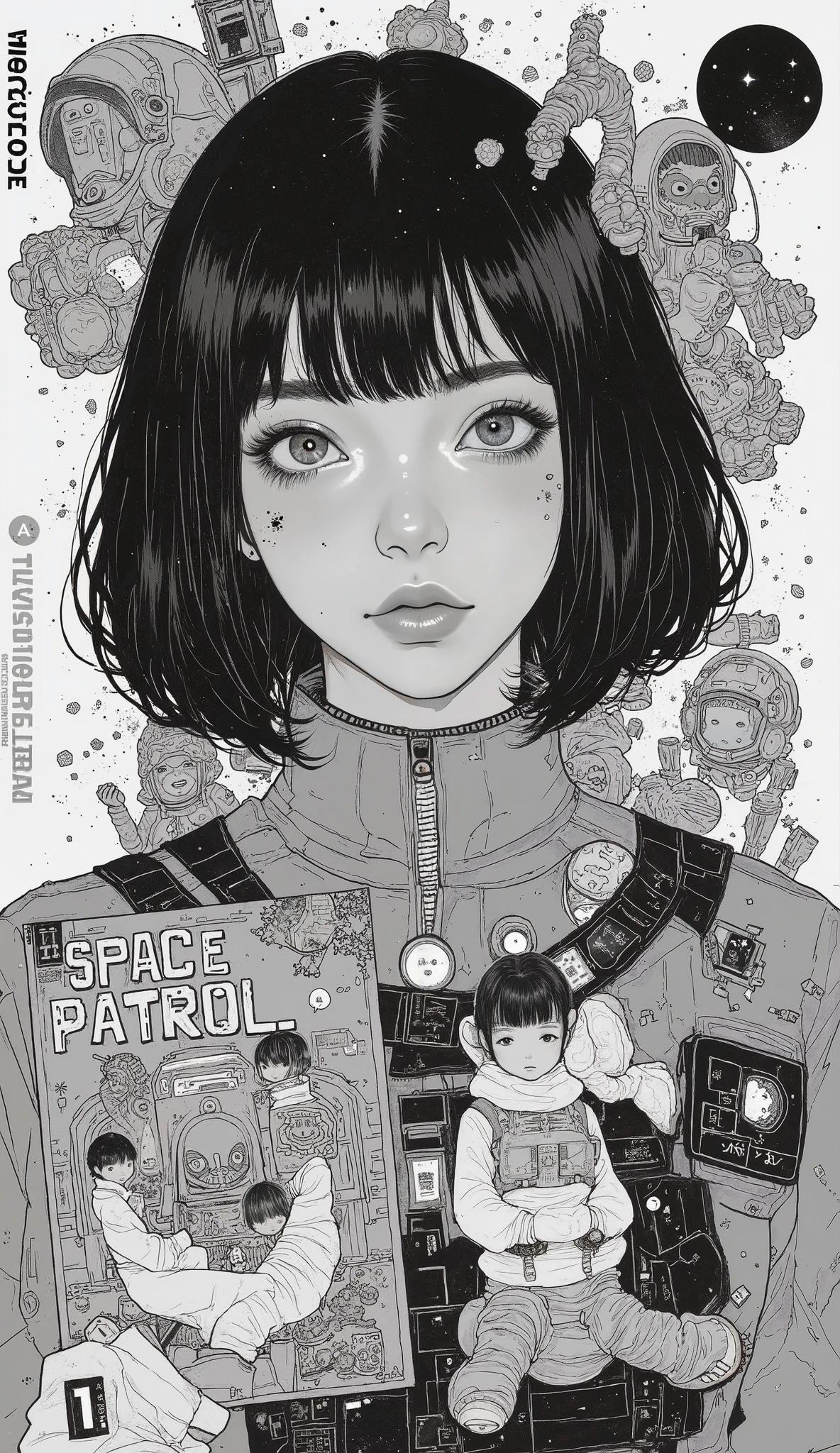 collage summarizing Japanese comics、Taiyo Matsumoto 、 Manga Coma Split 、 comic cover 、Space Patrol comics、Space Suit、black hair shortcut、Full Bang、 Bold composition 、Black and white、 screen tones 、