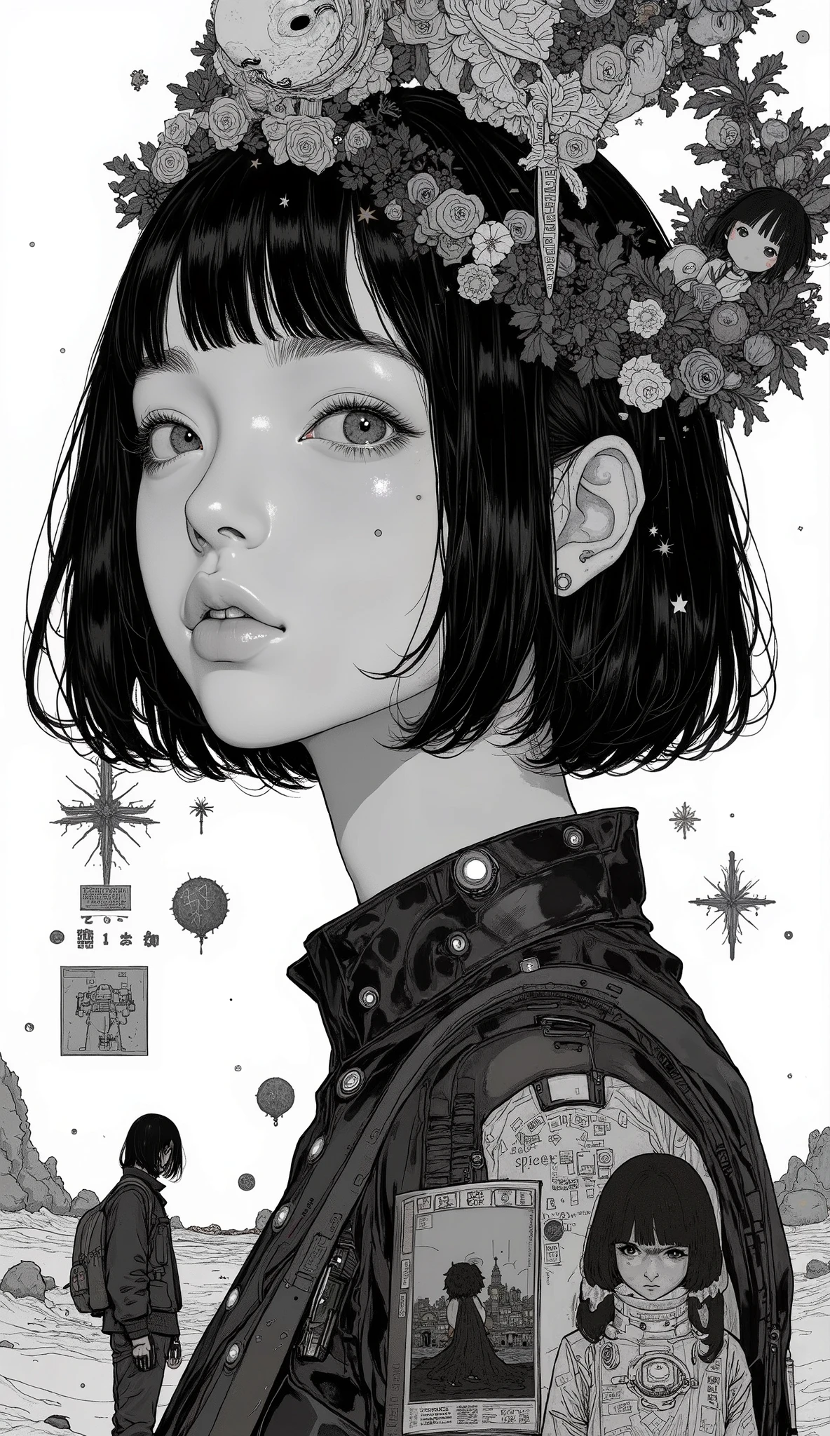 collage summarizing Japanese comics、Taiyo Matsumoto 、 Manga Coma Split 、  comic cover 、Space Patrol comics、Space Suit、black hair shortcut、Full Bang、 Bold composition 、Black and white、  screen tones  、