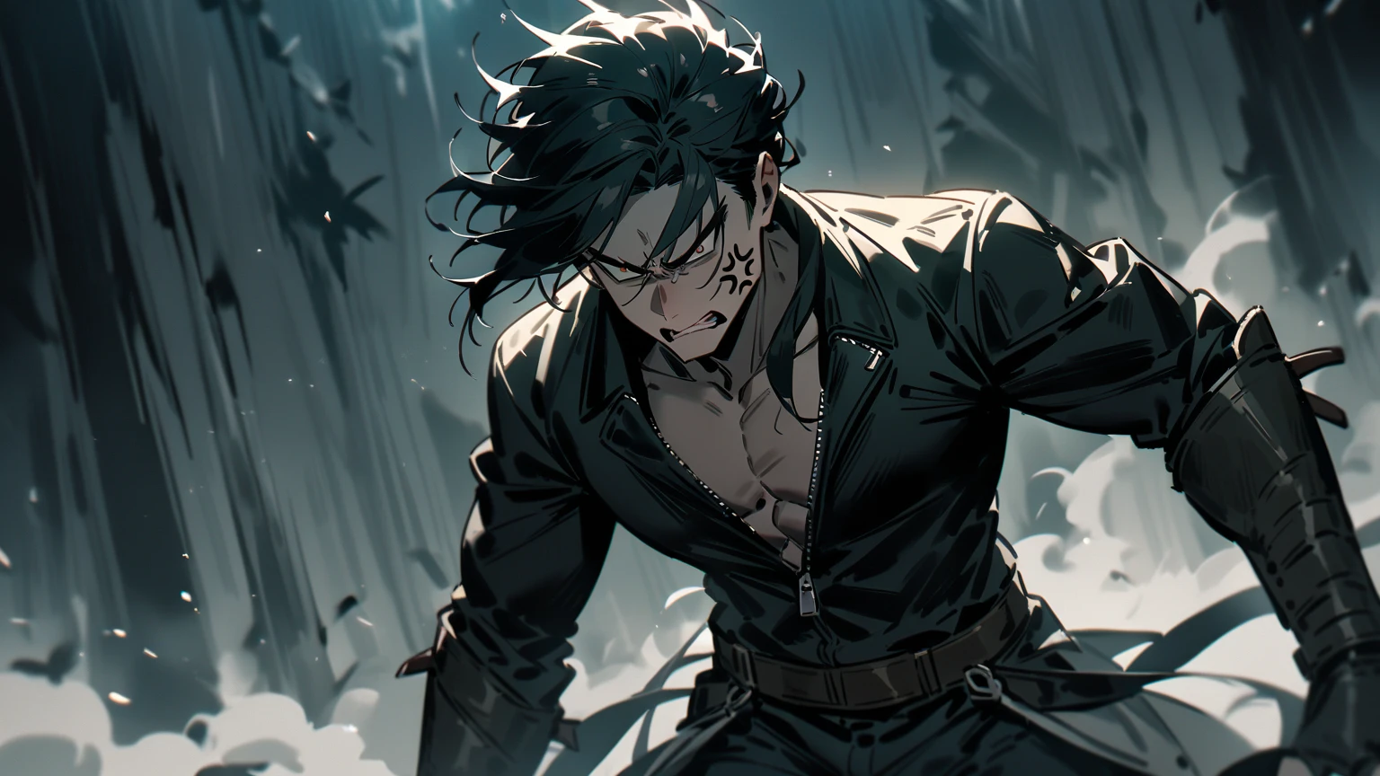 Sasae Hatsushimi. is a young man with messy, shoulder-length black hair that partially hangs in front of his face and half-opened blood-red eyes. With a cool and cold face with a strong gaze. he has a moderate athletic build, and His attire consists of a tight-fitting black shirt, sports tan baggy pants with a tool belt casually around his waist, and black boots
