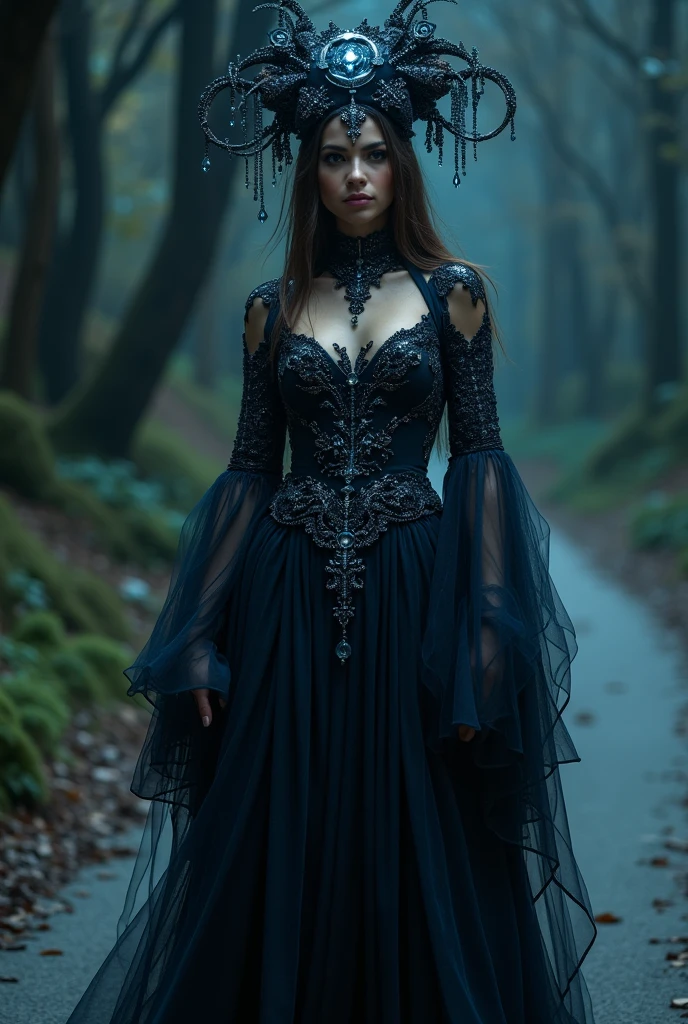 Draw a creepy woman dressed in black with a big hat, lots of jewels and red cat eyes, y with a dark malevolent aura.