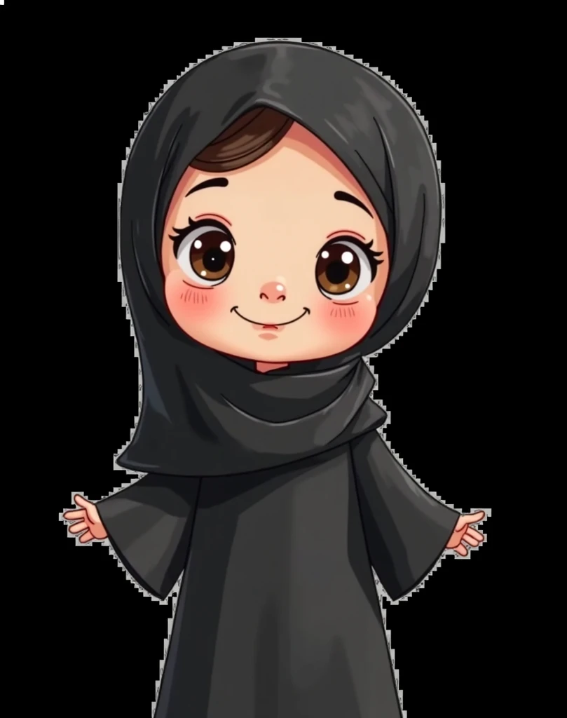 Cartoon with text:
(Masterpiece, best quality, 4k, expressive eyes, perfect face), cute and adorable girl, little cartoon girl, (beautiful face, detailed eyes), wearing black hijab, (flat style, 2d style, Cartoon artstyle, toon style), (white shirt, black skirt, black socks, sketcher shoes, (full body view, funny pose)