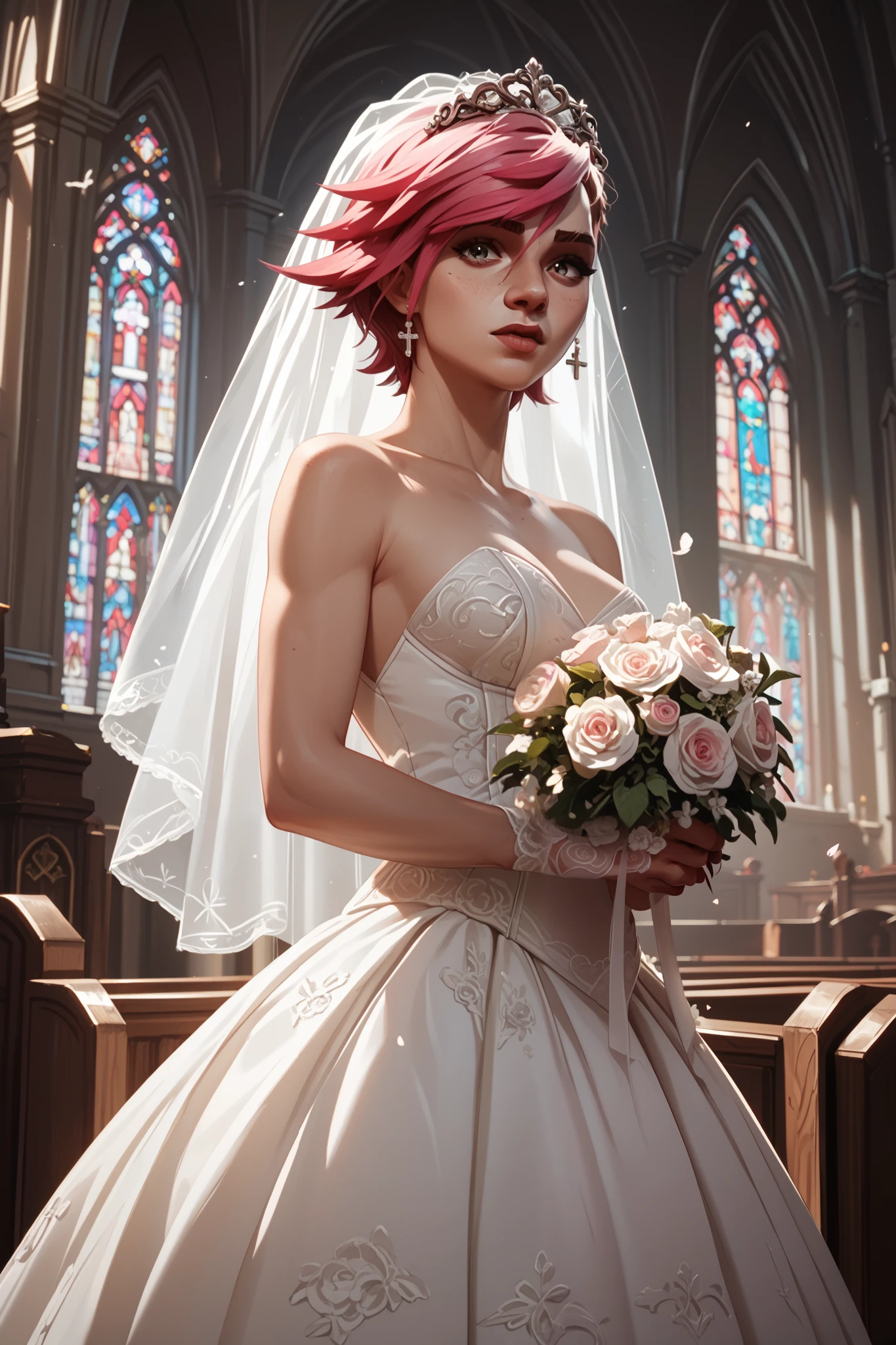 score_9, score_8_up, score_7_up, score_6_up
ALVi, 1girl, pink hair, short hair, looking at viewer, wearing a wedding dress, bridal veil, inside a church