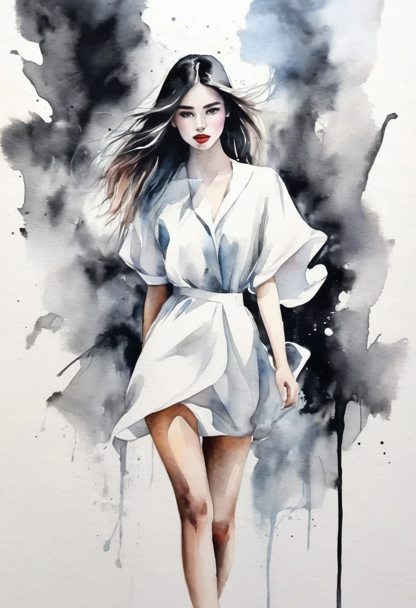 Abstract Wide range whole body girl watercolor White Background Neutral Color pastel Pencil drawing Blurry high quality