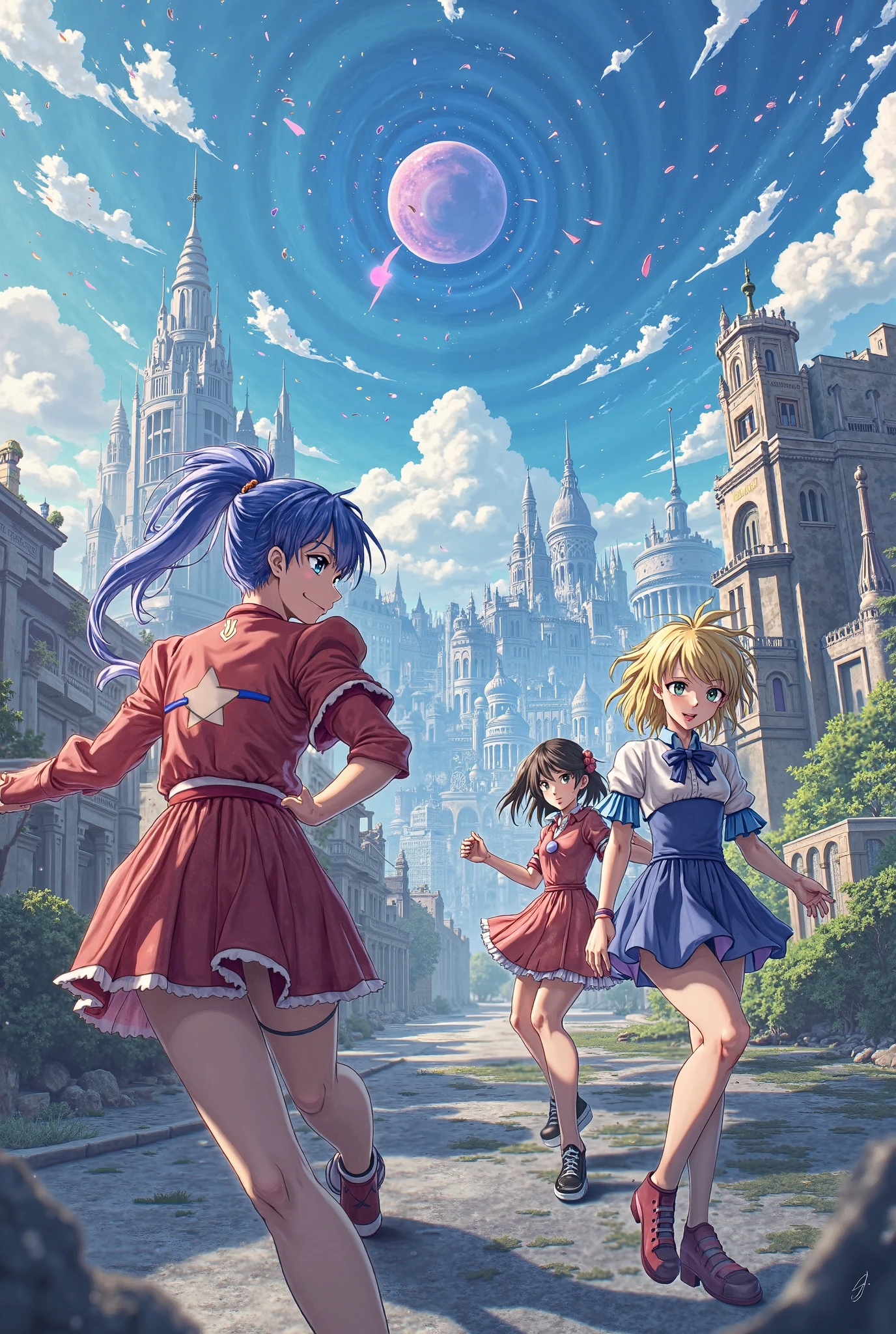 DON FREEMAN, Mati Klarwein, Harriet Isabel Adams, Beryl Cook, Frank Wright, surrealism Mysterious Weird Fantastic Fantasy Sci-Fi, Japanese Anime, Cracked Mirror, Celestial Globe, Walking Seashell, Evolving Miniskirt Beautiful High School Girl, perfect voluminous body, detailed masterpiece 