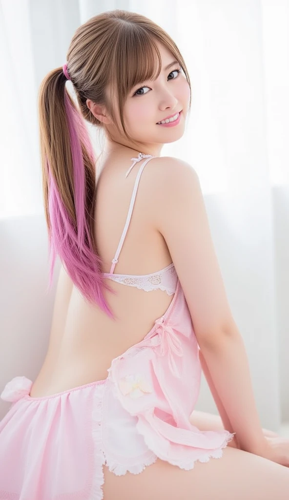 best quality, insanely detailed, absurdres, a girl, excited, blissful, frowning, flushed cheeks, lying down, hands on hips, legs spread, looking down, semi long, straight hair, hair bun, pink hair, brown eyes, eyes closed, tan lines, detailed skin, detailed face, short, glamorous, beautiful , beautiful ass, sag, undone clothing, gyaru, piercing, 20-year-old, japanese, Scene of Pleasure
score_9, score_8, score_7, score_8_up,  score_7_up, 