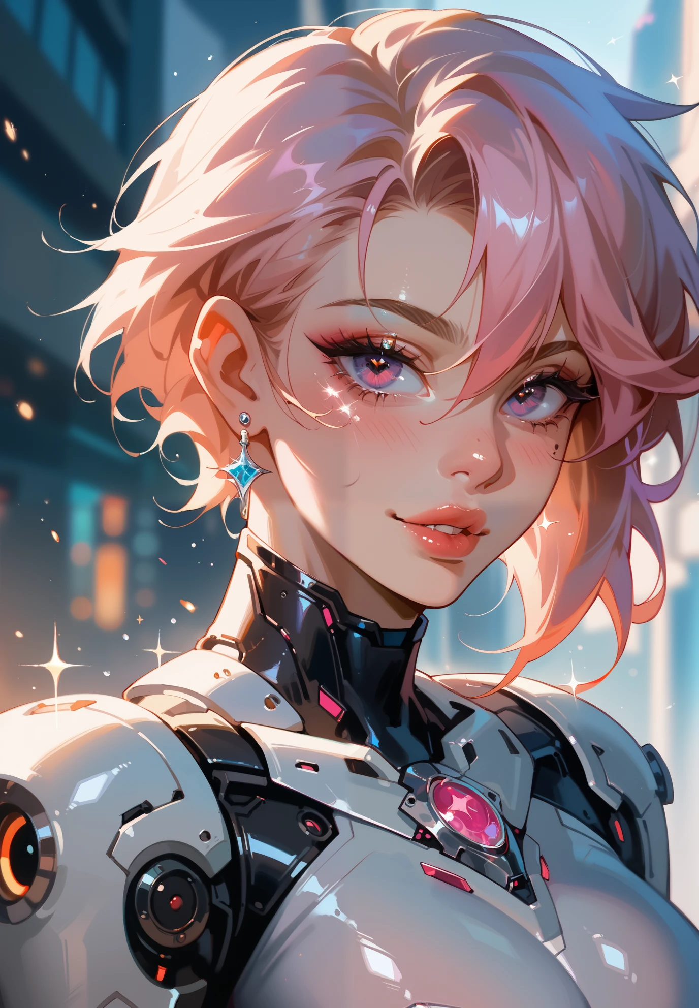 medium shot photo of sexy female cyborg wearing scratched and tarnished futuristic armor in a destroyed futuristic city, fantasy, sci-fi, beautiful feminine face, seductive, sexual, mist, vivid alluring eyes, dramatic, shallow depth of field, cinematic lighting, bloom, light sparkles, chromatic aberration, sharp focus