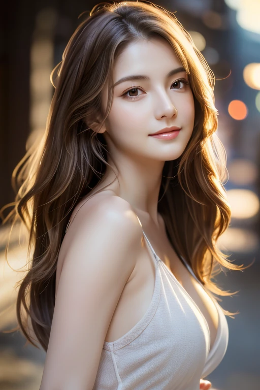 (8k, RAW photograph, highest quality, masterpiece:1.3),(Genuine,photograph:1.37),(Looking at the audience:1.331),Pause,Beachfront,Morning view,sunrise,sunny,One girl,とてもbeautiful顔,small,Hair weight,Fluffy hair,Random representation,Smile with the corners of your mouth,Big eyes,highest quality Hair,((highest quality)), ((masterpiece)), (detailed), whole body、wallpaper、Attention to detail、Perfect balance、Tight waist、Light brown hair、beautiful, Beautiful Skin、beautiful white skin、Russian Beauty、(masterpiece:1.3), 一眼レフphotograph、Best image quality: 1.4, (Rough long hairstyle:1.2)、Soft bust、Cleavage:1.4、Loose, lightweight knitwear