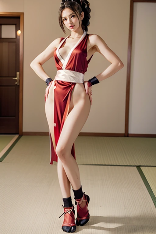 (Red and white sexy ninja)、exposed breast、portlate、Perfect Angle、(Professional quality、hight resolution)、perfect contrast、Perfect litthing、perfect-composition、flawless skin、perfect hand、Perfect fingers、perfect chest、perfect hair、face perfect、A masterpiece of realistic facial features、(High Ponytail、White hair fastening)、(Supermodel with long legs)、 ((Sexy red and white kunoichi、Sleeveless、White band、Red front droop、Back of Red Hand、thigh slit))、(Cute Japan Girl、Face the front and look at the camera、Dark brown hair with wet and shiny)、Japan Forest、a river、In the woods、Light in the eyes、face perfect、Perfect body、Perfect fingers、perfect arms、perfect hand、Smaller face、二重まぶた、Big eyes、Golden Ratio Beauty Face、Full body like、Very leggy supermodel、Teenage、cute little、spotless、lipgloss、Beautiful long hair fluttering in strong wind、Stand facing the front、Look at us sexy、(dynamicposes、sexypose）、Calf、(Voluptuous thighs、Bare legged、Light-lit skin)、电影灯光、Light on the Face、tabi、Full body.