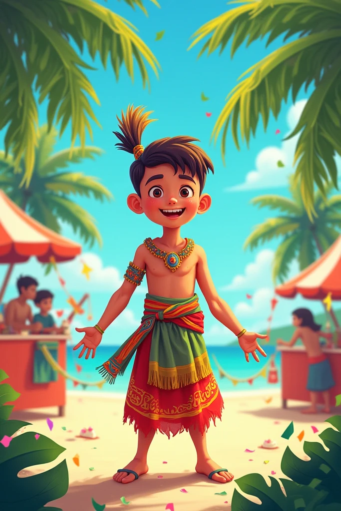 Make me an animated caricature of a person in typical Oceanian costume