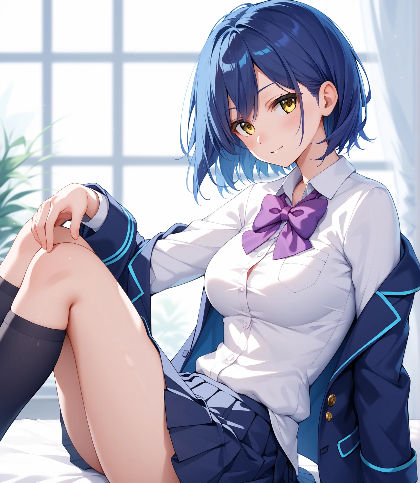 1girl, solo, detailed face, , , long hair,,,indoor,,looking viewer,side ponytail,medium breasts,,classroom,miniskirt,necktie,blazer,grin,teeth,,(nsfw,,black thighhighs,sitting,,open legs,spread legs,(white panties)
