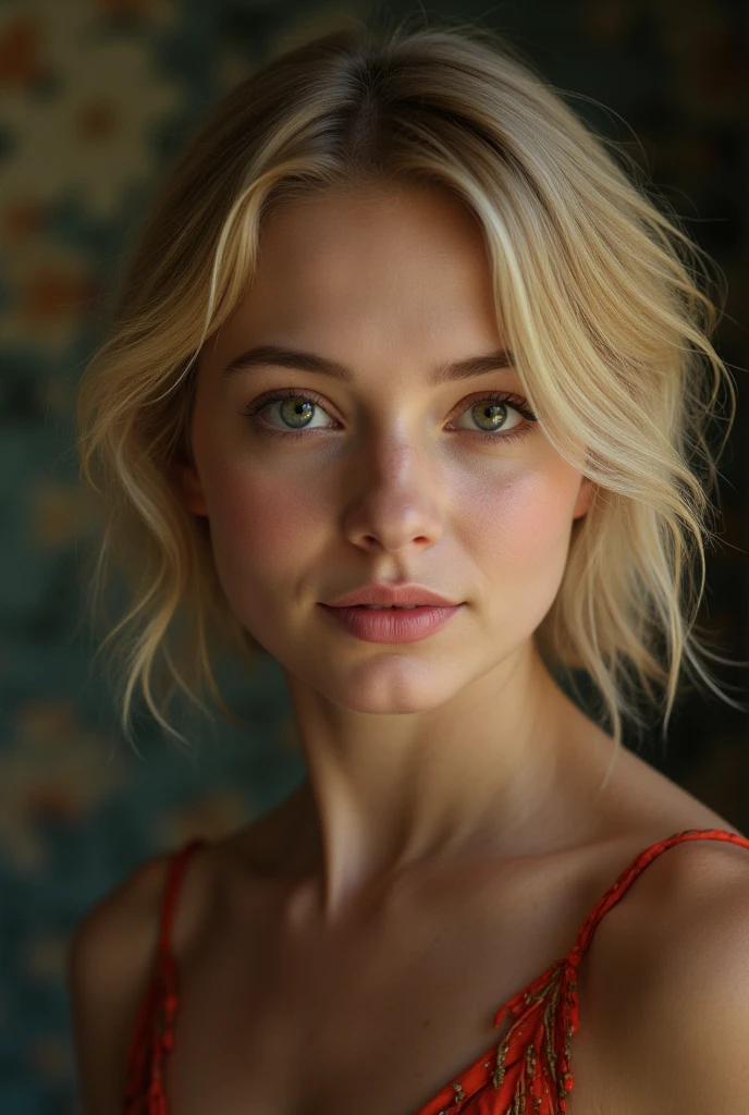 portrait of a beautiful teenager, small breasts, intricate dress, soft smile, red lips, blonde hair, green eyes, realism, digital painting, concept art, smooth, sharp focus, rule of thirds, Style-Psycho