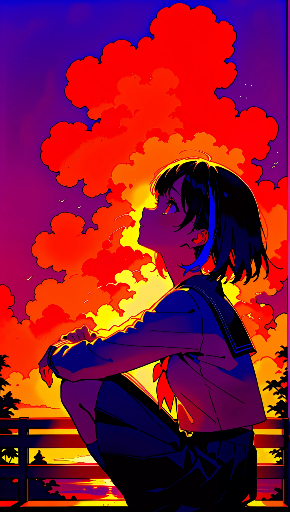 watercolor, watercolor painting、Body on knees, multicolored hair, teary eyes in the store, dusk, looks up、profile in landscape orientation from、upper body、sailor suit:1.7、 moderate bust、Take a walk、A moment of twilight、Beautiful Orange Skies 、at dusk、 splashing background and spray paint effect,
