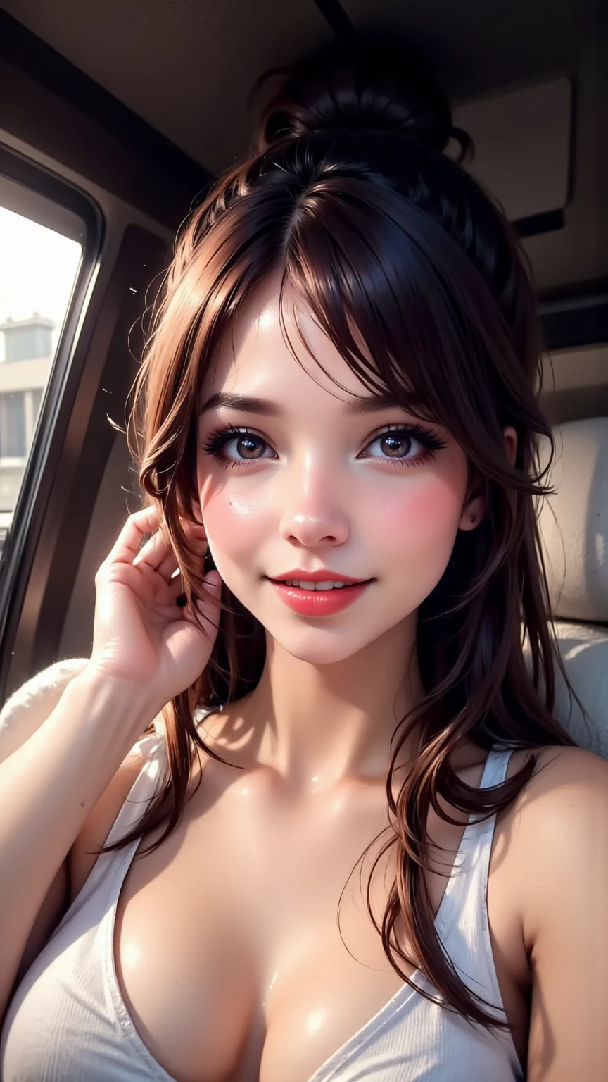 girl in summer clothes, (taking a sefie), random background, kiss, beautiful, medium breasts, flirtatious look, ((very detailed)), (perfectly detailed face), (well detailed hand), (well detailed hand), (well detailed hand), (well detailed hand), (well detailed hand) photorealistic image.