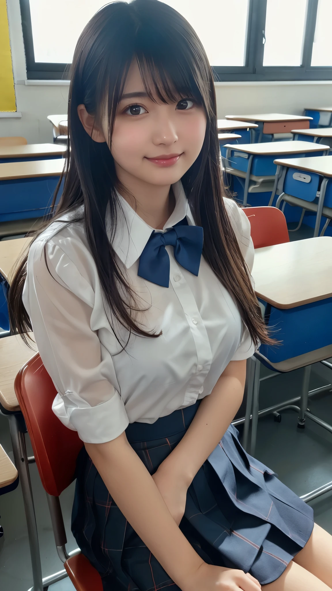 ((realistic lighting, highest quality, 8k, masterpiece, medium shot: 1.3)), clear focus: 1.2, 1 girl, perfect figure: 1.4, plump bust,((long black hair)),((With bangs)), (white blouse worn by high school girls:1.4),The whole delicate breast leaks out,In a classroom with a blackboard in the background, sitting at school desk,moderately thin calves,exposed thighs,navy blue ankle socks,black loafers,Even the toes are reflected in the angle of view,super detailed face, fine eyes, double eyelid,Navy pleated miniskirt worn by high school girls,Taking a selfie with a black smartphone in my left hand,My face is hidden by my smartphone、hold your right foot with your right hand、(open legs:1.2),((((Panties are visible from inside the skirt))))、(white lace panties)、(Please tilt your head slightly)