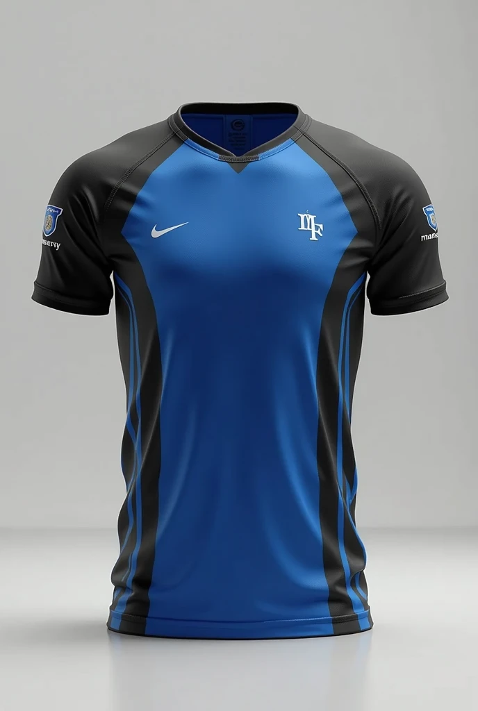 Design a professional sports jersey for the IT Engineering branch. The jersey should be predominantly black, representing professionalism and sophistication. Complement the black with subtle accents in a sleek, dark gray and a muted electric blue. The design should be clean and streamlined, with minimalistic geometric patterns that evoke a sense of modern technology. The jersey should feature a refined, athletic cut with a focus on functionality and comfort. Include the IT Engineering logo prominently on the chest, ensuring it integrates smoothly into the design. The overall look should be professional and sharp, suitable for representing the IT Engineering branch in sports while maintaining a high-tech, contemporary edge."