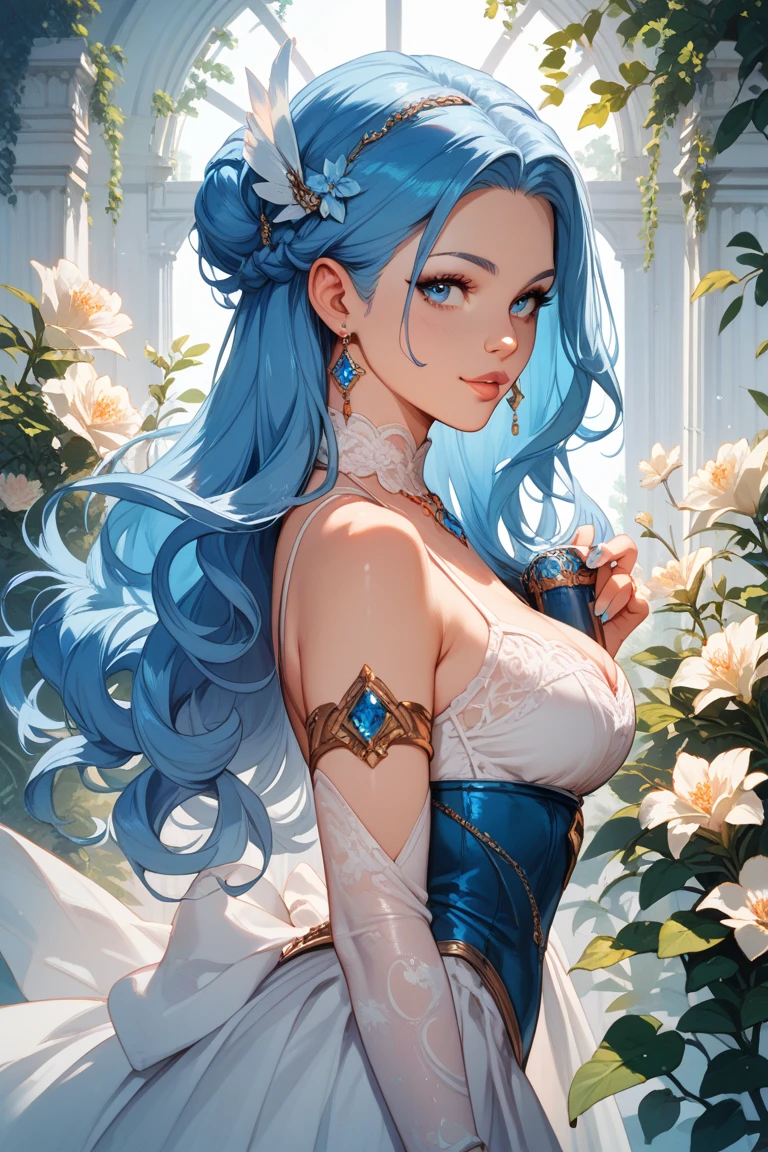 Fait une illustration style anime d'une femme brune au cheveux longs et épais volant au vent aux yeux verts émeraude portant un corset rouge et un soutien-gorge bleu, tenant un katana regardant le spectateur avec une expression sérieuse. Style Art Nouveau, style Alphonse Mucha, style studio Ghibli. Eclairage doux, chaud. Couleurs pastels.