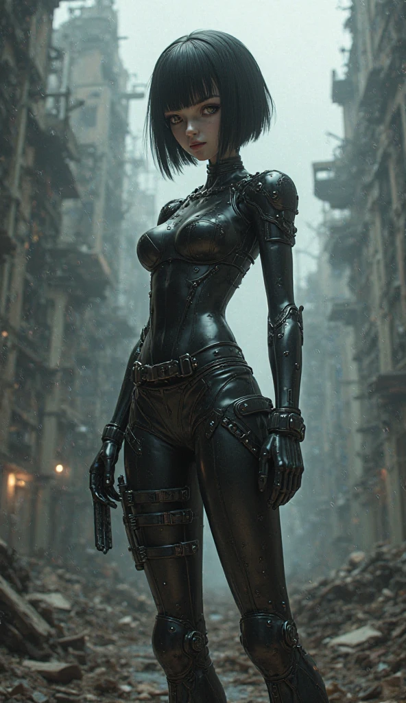 (best quality,ultra-detailed,realistic:1.37),portrait,beautiful detailed eyes,beautiful detailed lips,intense gaze,stern expression,dark atmosphere,metallic texture,shiny armor,reflective surfaces,bobcut hairstyle,futuristic fashion,leather jacket,black clothing,urban setting,city street scene,night time,neon lights,grimy alleyways,motorcycle,assassin,deadly weapon,confident stance. cameltow