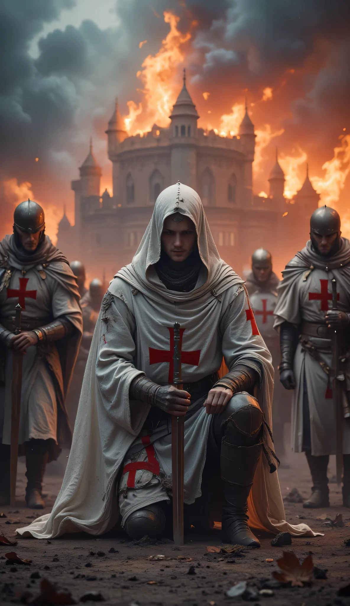 **Prompt:** Craft an enchanting hyper-realistic panoramic wide-angle image that immerses viewers in the heart of medieval Christian Europe. The composition should be symmetrically balanced, with a backdrop of a majestic fortress engulfed in vibrant flames, symbolizing both glory and despair. In the foreground, portray a weary band of Templar knights, their once-glorious armor now dented and tattered, kneeling on the ground in a moment of solemn reflection. The knights, donned in their characteristic white tunics adorned with striking red crosses, are illuminated by the last rays of dusk, casting an ethereal glow on their attire. Each knight holds a battered broad sword in one hand while the other clings to a chipped red cross shield, suggesting a poignant readiness for the final chapter of their journey. Emphasize the intricate details of their weathered armor and the frayed edges of their garments, employing advanced UHD ambiance to create a captivating interplay of light and shadow. The depth of the image should evoke a palpable sense of urgency and emotion, highlighting the dynamic postures of the knights as they confront their fate. Pay particular attention to the anatomically accurate portrayal of their hands, showcasing the gripping of their weapons with realism and depth. This artwork should aspire to the high caliber of award-winning documentary photography reminiscent of National Geographic, ArtStation, and DeviantArt, combining historical precision with a respectful tribute to the enduring spirit of the medieval era. Ensure that all content aligns with community standards, fostering a narrative of hopelessness. DEUS VULT!