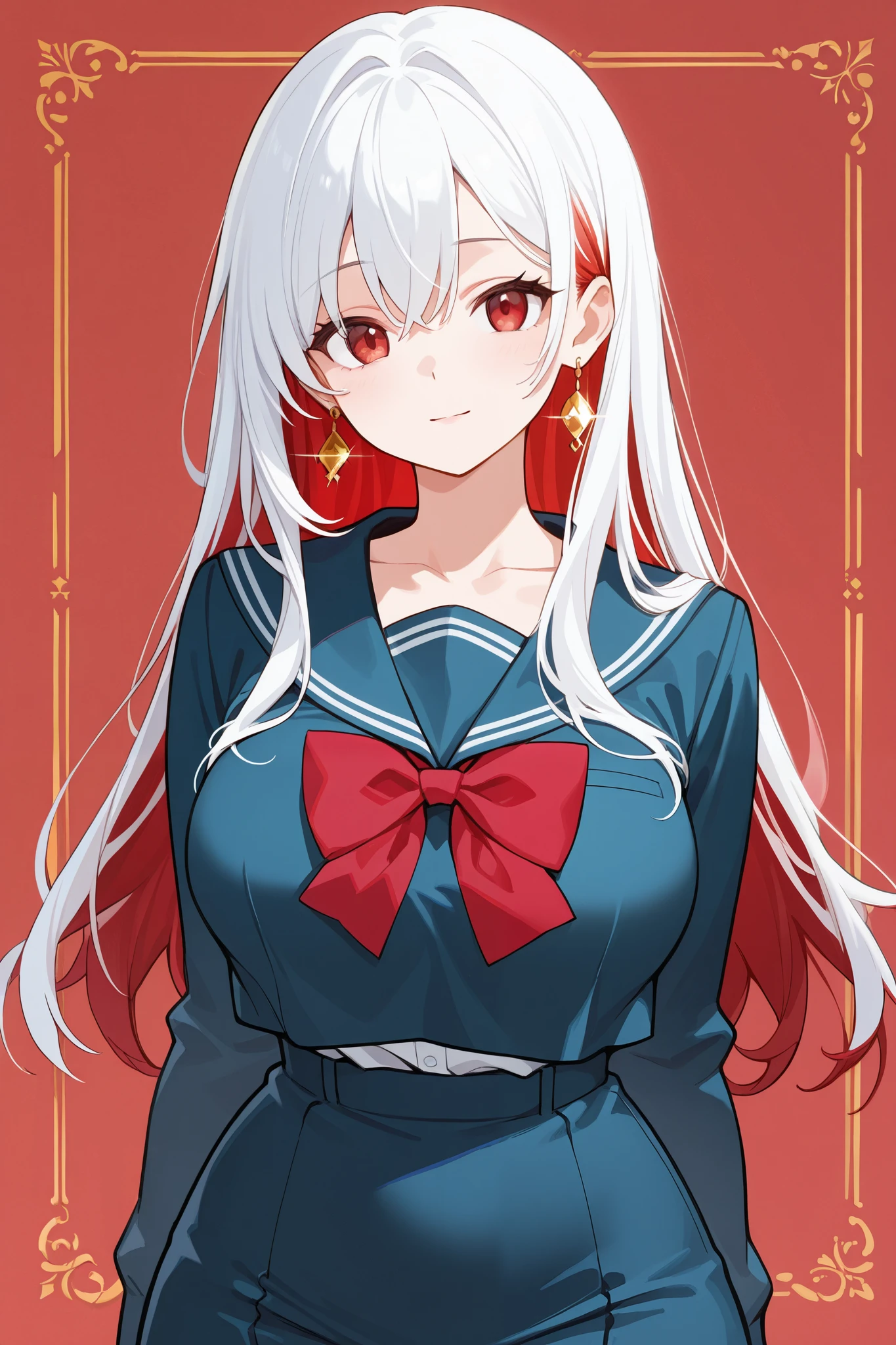 Black-thigh-highs, big, long distance, sitting on a chair, spreading legs, cleavage, laughing, arms on hips, sideways, long blonde waves, high school girl dressed in pink sailor suit, delicate beauty face with red collar and red miniskirt, red ribbon. Anime-style illustrations.