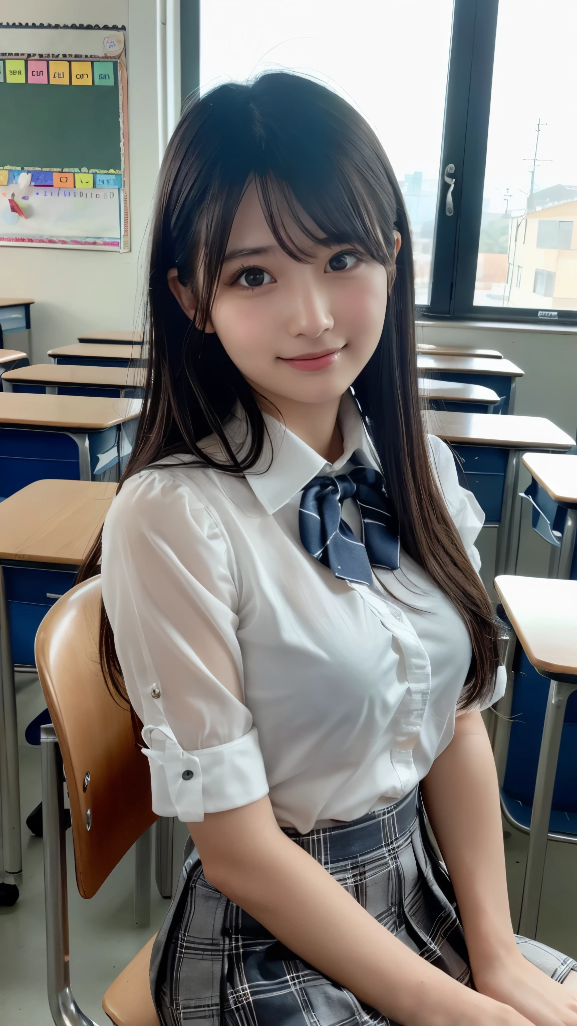 One high school girl,sit,M-shaped legs,mini skirt,I have long hair、Large breasts,Baby Face