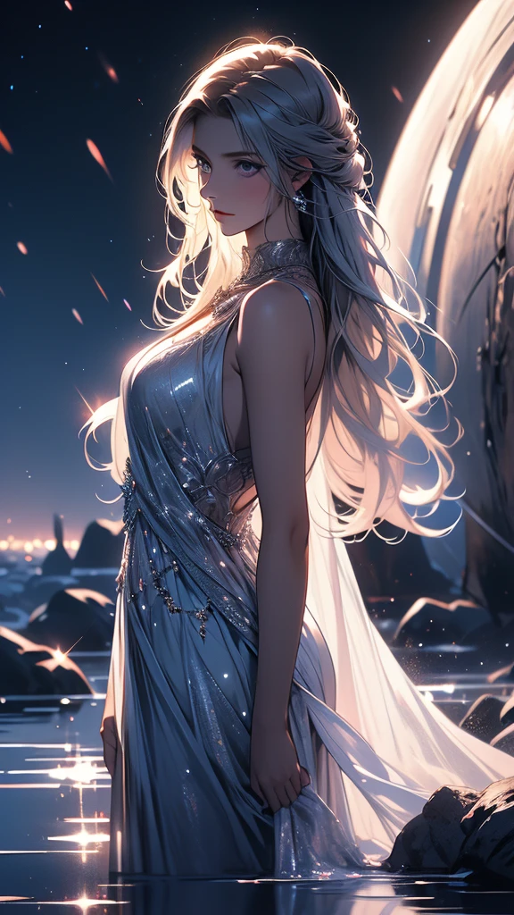 8K resolution, masterpiece, Highest quality, Award-winning works, unrealistic, From above, erotic, Only sexy women, healthy shaped body, 22 years old, Black Mage, Height: 165cm, Large, firm, swaying bust,, Silvery long wavy hair, Detailed facial depiction, break, Mysterious blue eyes, Standard nose, eyeliner, Pink Lips, Sexy long legs, Transparent muscle, holy knight, Gothic ruffle long dress, A dress with a complex structure, Seven colourful dresses, Clothed in flames, royal coat of arms, elegant, Very detailed, Delicate depiction of hair, Miniature Painting, Digital Painting, artステーションコンセプトart, Smooth, Sharp focus, shape, artジャム、Greg Rutkowski、Alphonse Mucha、William Adolphe Bouguereau、art：Stephanie Law , Royal Jewel, nature, Symmetric, Greg Rutkowski, Charlie Bowwater, unrealistic, Surreal, Dynamic Lighting, ファンタジーart, Complex colors, Colorful magic circle, flash, dynamic sexy pose, A kind smile, Mysterious Background, aura, A gentle gaze, break, Small faint lights and flying fireflies, night, lanthanum, 山の頂From above下界を見下ろす, Starry Sky, milky way, nebula, shooting star, A sacred staff that emits a brilliant light, Back view, Facing the camera