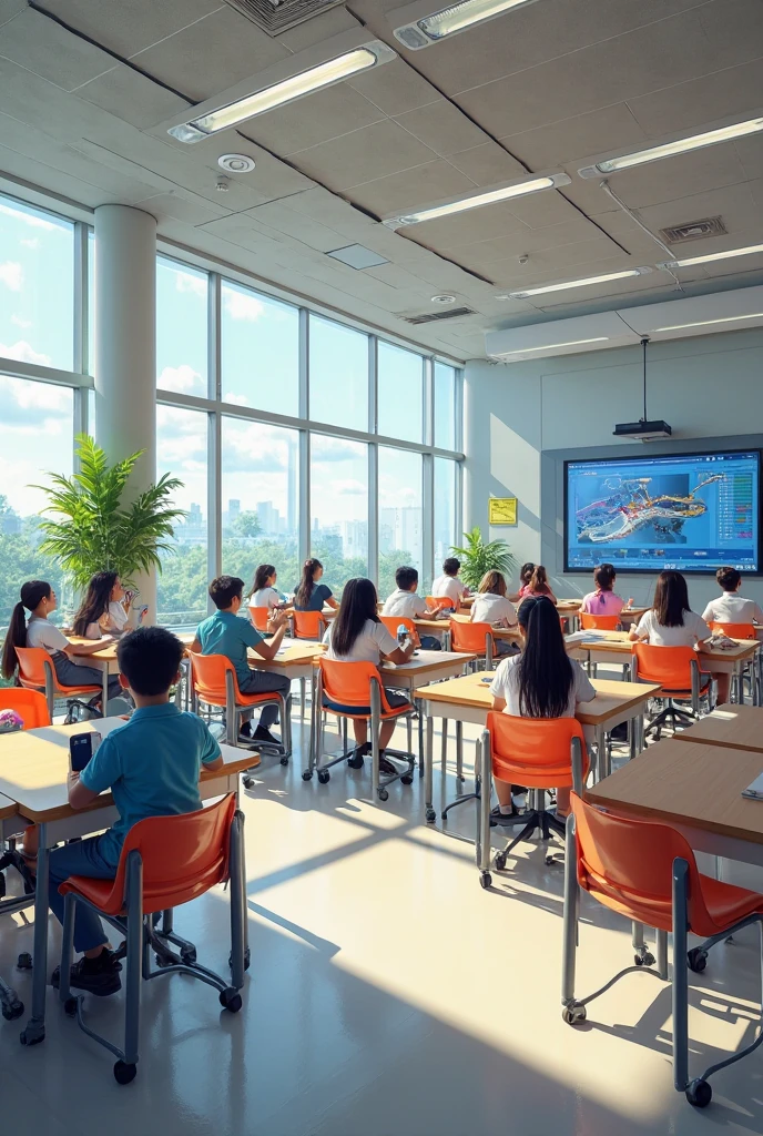 Teachers and students in the classroom, Decorated with pictorial elements, Some students are flying drones, Some students are using cartographic tools, Some students are playing with virtual reality, The teacher is taking pictures of the students with a video camera. Cartoon image with bright background、plethora of colors, Rich detail background with digital media elements realistic Chinese style