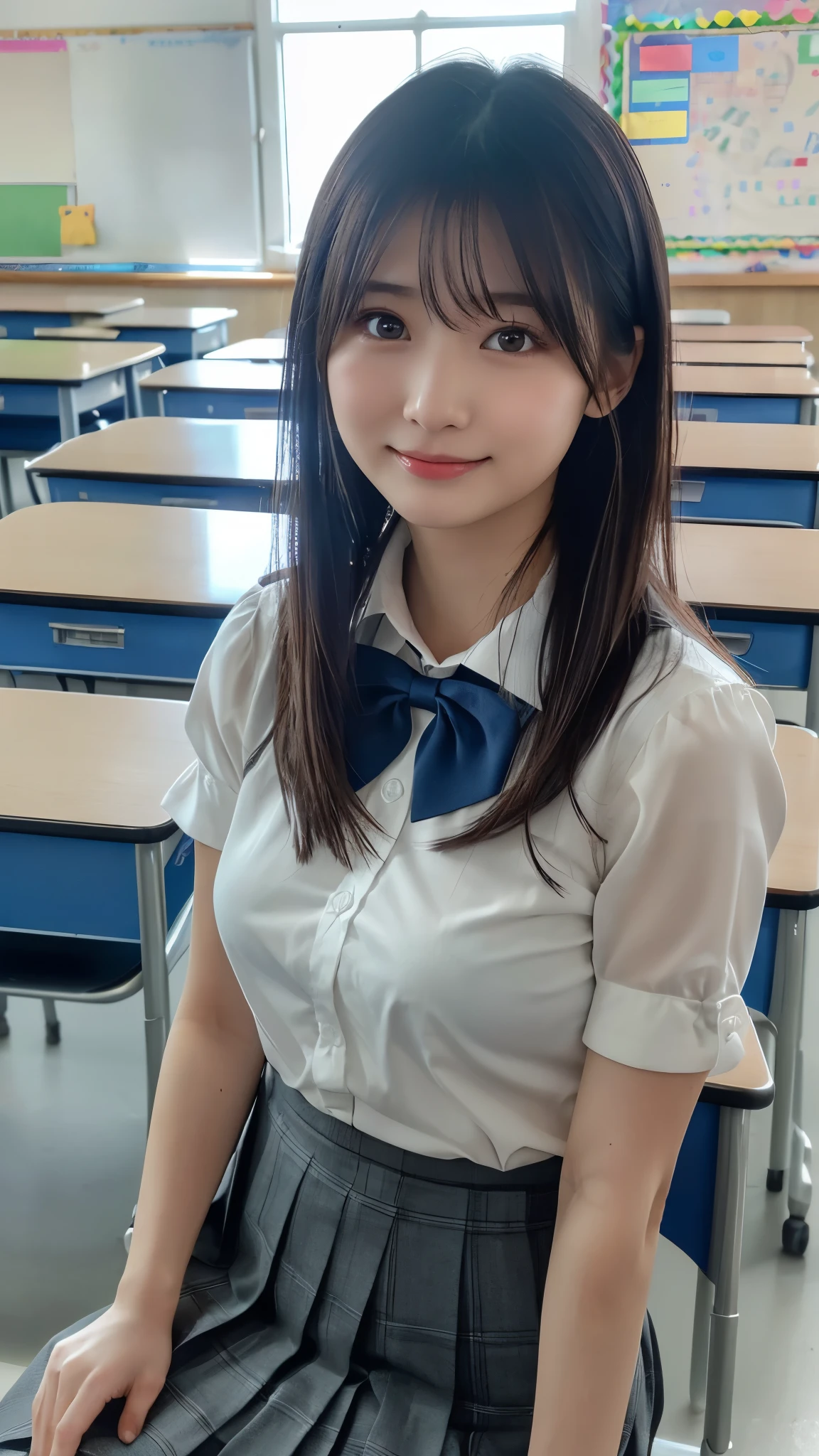(highest quality),(high resolution),(masterpiece),(High resolution),Real,(classroom),whole body,Looking at the camera,((solo)),Japanese, girl,((high school girl)),((Schoolgirls' summer uniform)):1.5,((Summer for girls,白いYシャツのボタンを沢山外してCleavageを見せルカ)):1.5,(((A navy blue short miniskirt from a girls' high school uniform)):1.3,((Big Tits 1.5)),((Cleavage)),((Nipple bumps)):1.0,classroomの机の上に座る),Perfect body style,((Detailed blue eyes)),((Pure Bangs)),((Short black bob hair)):1.5,Detailed face,White socks,blush,Embarrassed,loafers,nsfw