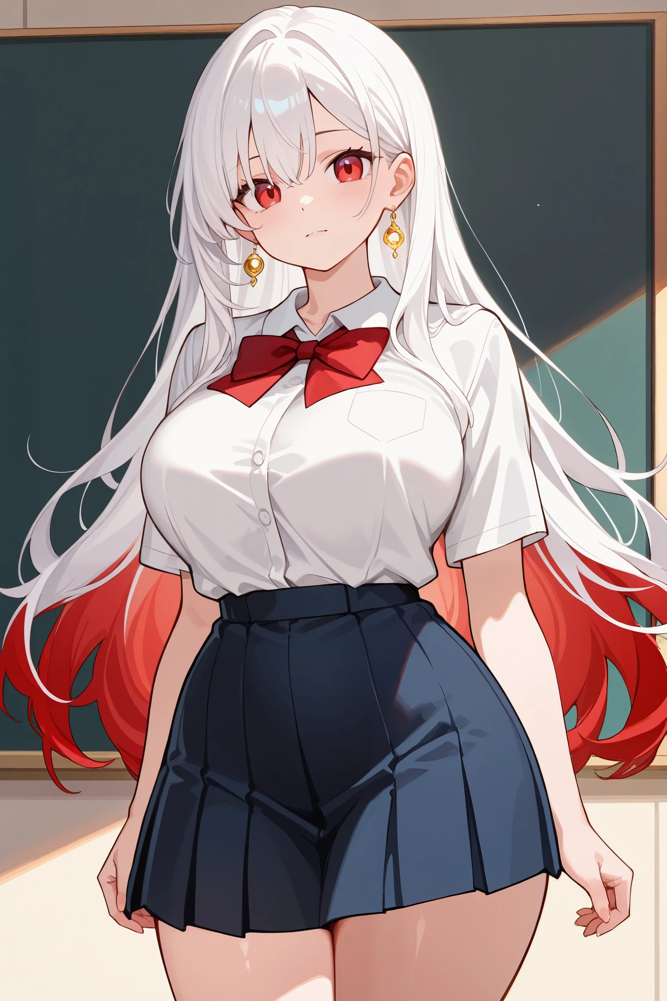 1 girl, Hair length reaches the back, White hair with some red hair on the edges., red eyes, but not bright, curvy body, wear a sexy school uniform, หน้าอกไซส์ปานกลาง, have a golden earrings