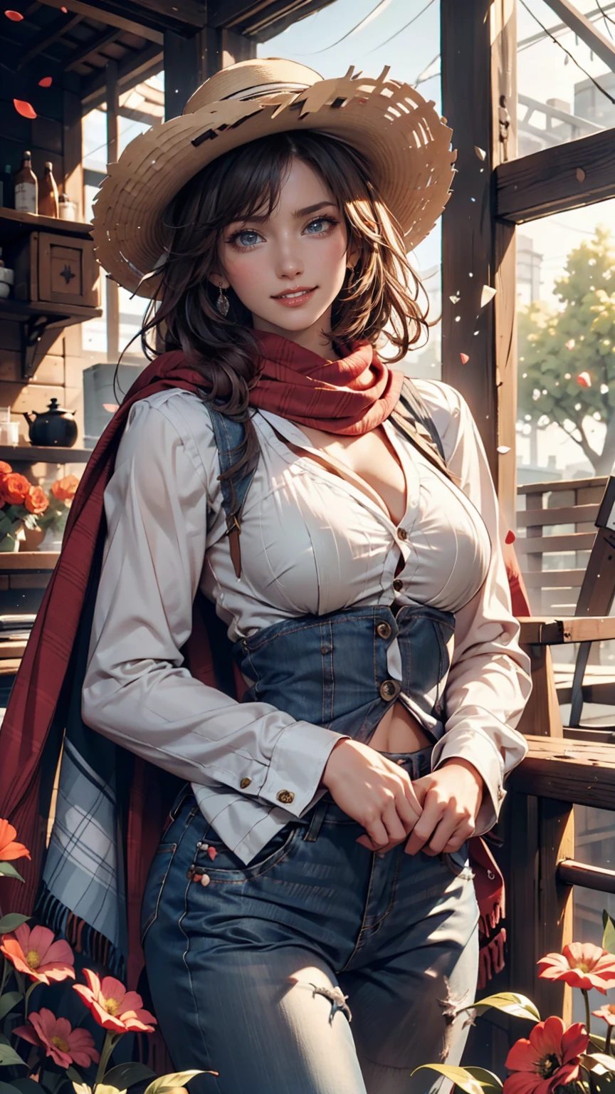 24 year old Caucasian female、Sexy proportions、Narrow waist、slender、Cowgirl、Wrap a red scarf around your neck、wear skinny jeans、Wear a checked long-sleeved shirt、On a ranch in the Midwest、Dairy Cow Background、Wearing a cowboy hat、Holding a bound whip