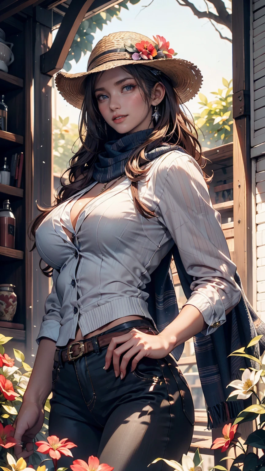 One girl, boots、24-year-old woman、Attractive Young Woman, (Beautiful Face:1.1), Detailed eyes, Seductive lips, (eye make up:1.2), (Medium chest:1.0), (Toned body:1.2), Sexy proportions、Narrow waist、western drama、Fringed vest、Faded jeans、gun belt、Cowboy hat、gun beltを握る、western drama背景