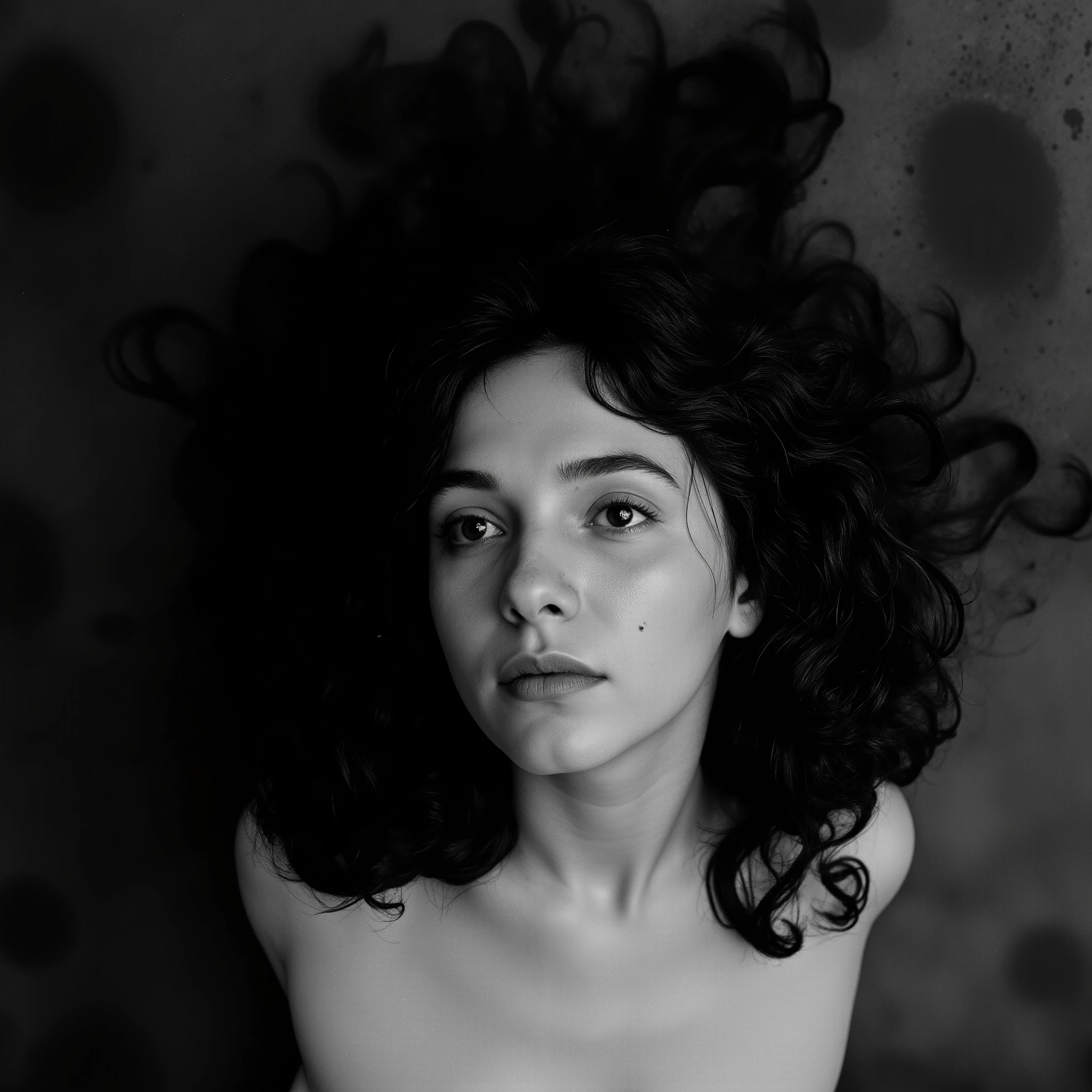 Cinematic photography, eye-level view of a young woman with long, disheveled black curly hair cascading over her bare shoulders. Her skin is pale, contrasting sharply with the dark, matte background that resembles a surface covered in black soot. She gazes upward and to the right with a pensive expression, her black eyes reflecting the subtle flash of light, adding a quiet intensity to her innocent yet mysterious demeanor. A small beauty mark rests just above her delicate upper lip. The composition is an extreme close-up, capturing the raw details of her face — the gentle curve of her small mouth, the shadows playing along her jawline. The photograph is in high-quality black and white, with a classic Ilford film aesthetic, evoking a dramatic, artistic atmosphere. The lighting is moody, highlighting the texture of her skin and hair, while the background remains blurred and enigmatic. The image radiates a vintage, melancholic essence, blending softness with a haunting, cinematic feel.
