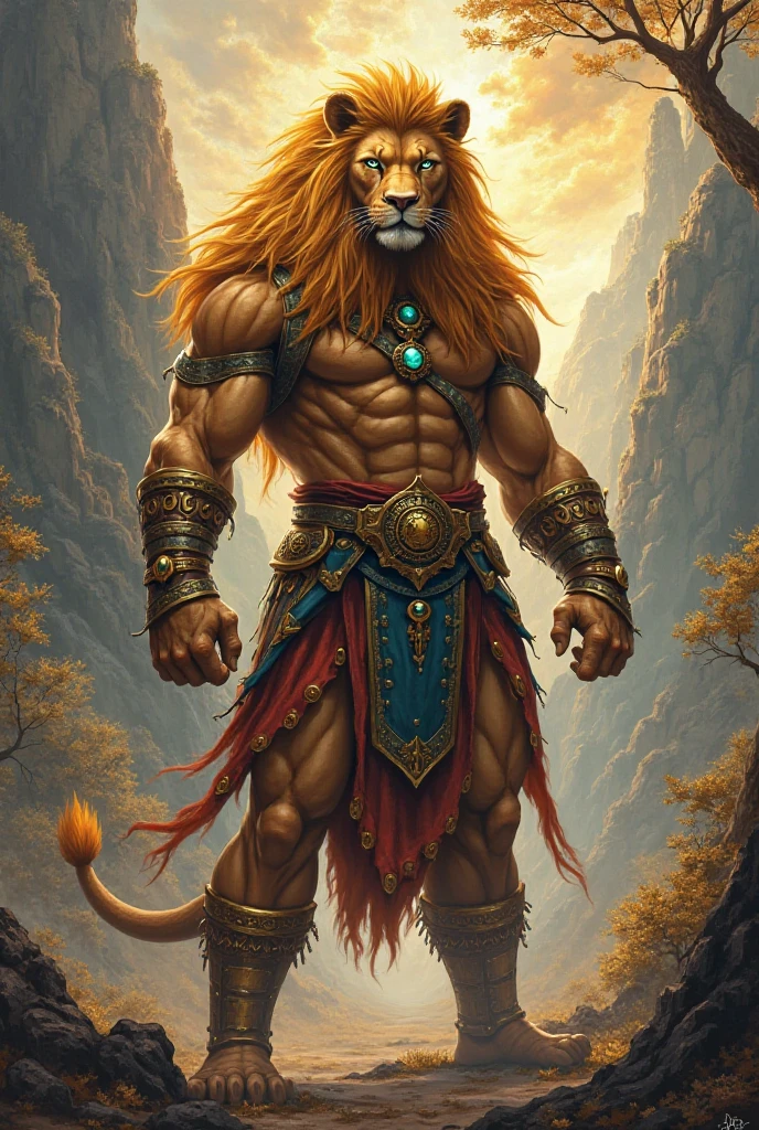 ```
(Wild,Brutal:1.1),(ferocious,Wild,Indomitable:1.1),Red-Haired,Strong Leo man with long hair,tangled mane,
(expressive:Powerful:1.1,penetrating:1.1) eyes,Clear definition, Powerful, chin, 
(taut:1.1), muscled body,Thick,sinewy hands with (Scars:Wear), (Tatoo:Orus) on his skin,
(roaring:1.2),showing off his brute strength,adopting a dominant pose,
(deep growl:1.1),(Wild,Gilded) the sunlight surrounded him with a golden halo,
(dense wilderness,wildlife:1.2),savanna, The Scorching Sun,
(male,Wild:1.1) Energy, emanating from His presence, undeniable and impressive,
(Best Quality,hight resolution:1.2),sharp-focus,(Realistic:1.37) image, which brings every detail to life. 
```
Keep in mind：This is just an example of a generated invitation，Can be modified and adjusted as needed。