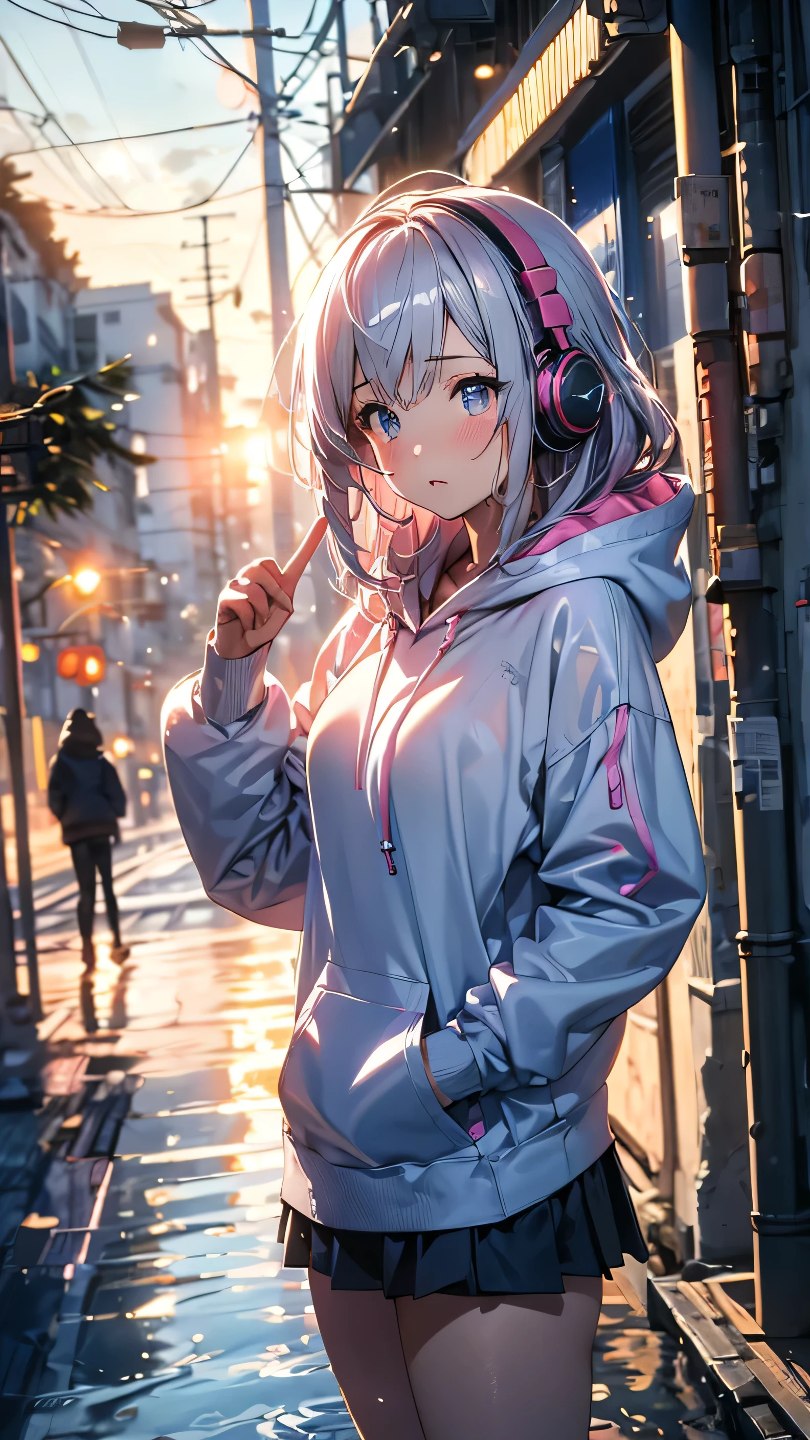striped hair, Gray Hair、pink idiot hair, wet hair, girl listening to music with white headphones、Impressionism,Portrait Photos、 Ray Tracing, backlight, masterpiece, accurate, textured skin, Advanced Details, high quality, High Resolution, Super Detail, 1080P, detailed face, detailed eyes, Detailed five fingers、wet shirt, hooded hoodie、 striped pant skirt, tears, Art City, clear sky, detailed eyes、 Blizzard 10 、HYDRITE, thighs, destiny \(series\), ****, skirt, thigh-high socks、full body shot、8k