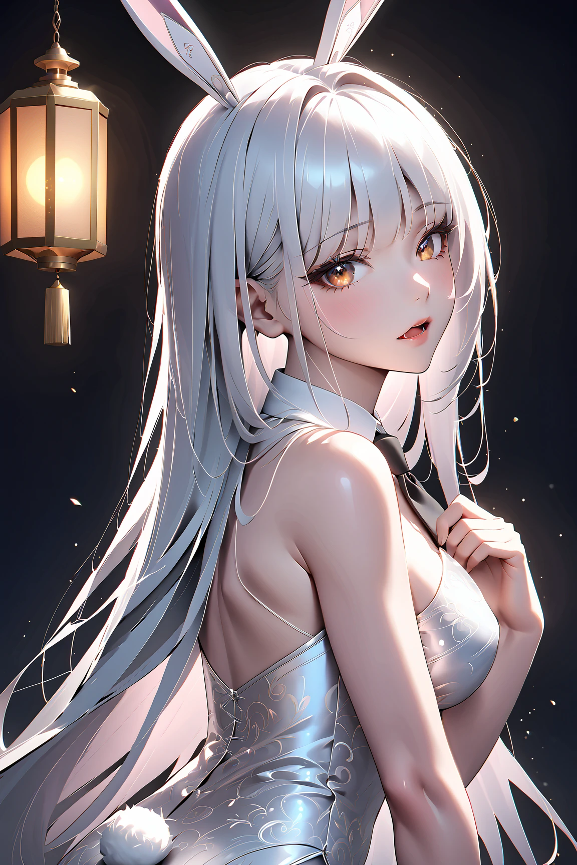 masterpiece, best quality, default_dress, starry sky print, criss-cross halter, halterneck, wide sleeves, sleeves over wrists, 1girl, guizhong, grey hair, hair ornament, looking at viewer, long hair, bare shoulders, grey eyes, bangs,simple background,white background,cowboy shot,