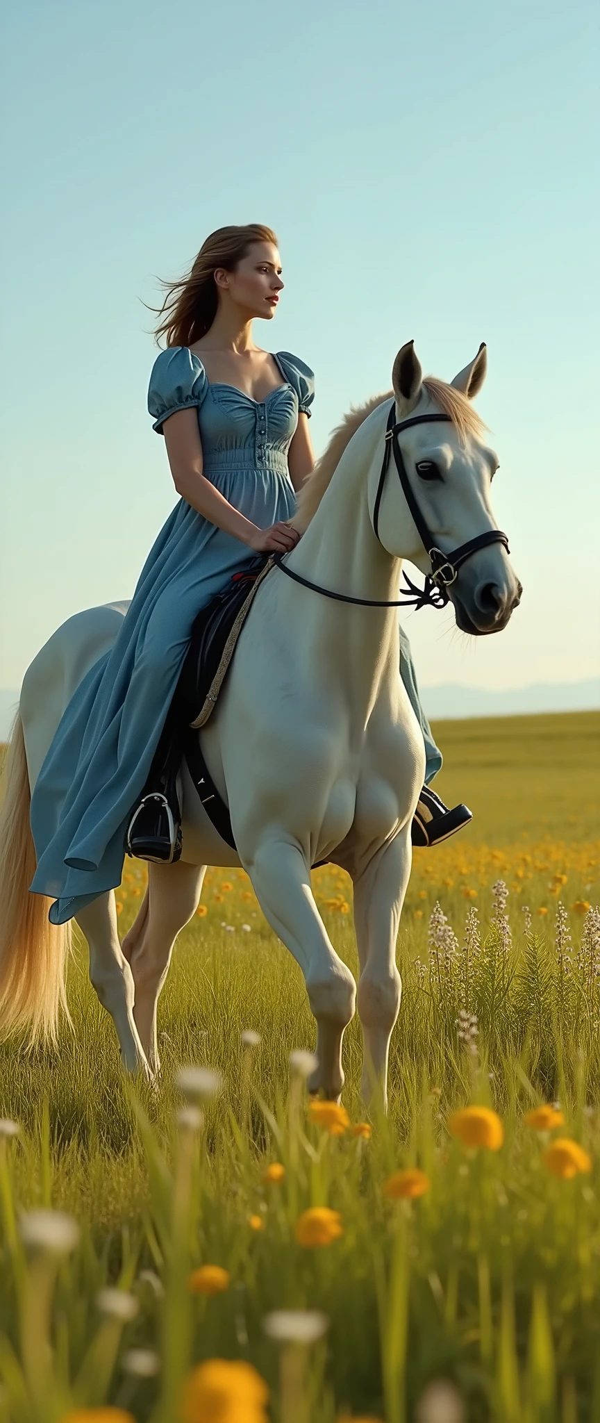 In high-definition footage、Raffaelo-style footage、beautiful white woman on horseback wearing a denim dress、blue skies and green lawns of the prairie、There are also lots of flowers。
