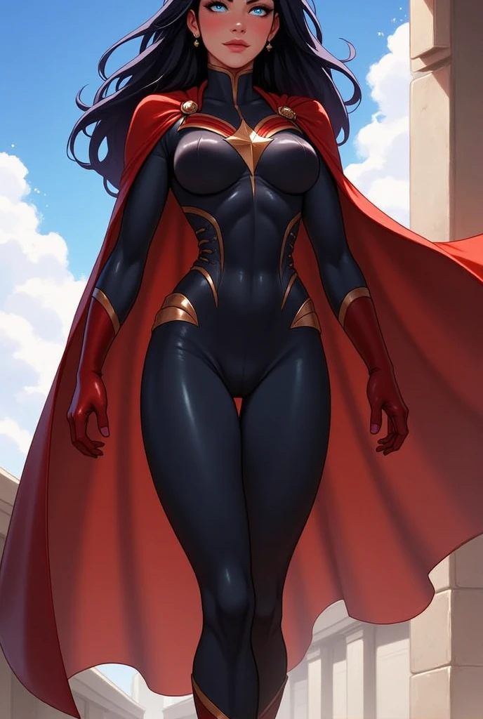 Waist up (perspective angle from bottom to top) super heroine hot woman (masterpiece), best quality, expressive eyes, perfect face, art in fantasy mythic action effect, sharp focus, wearing super detailed suit with mechanicles part & hero cape, cybersamurai, glowing, holding sword
