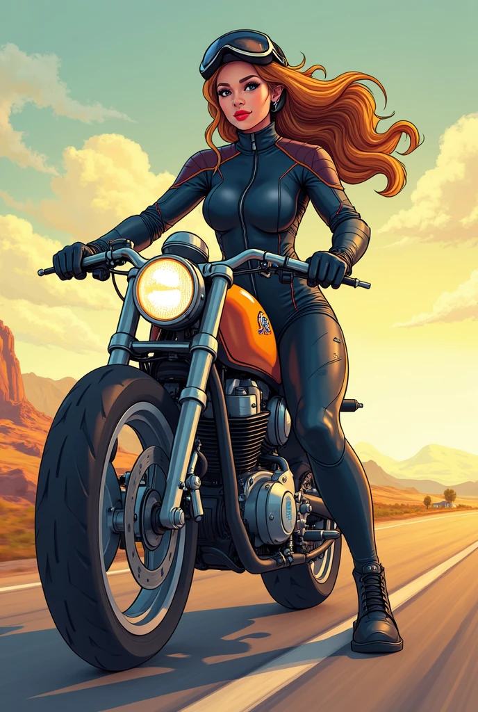 Girl riding a sports motorcycle, movie poster,(Created by artist Carrie Ann Baade:1.3)