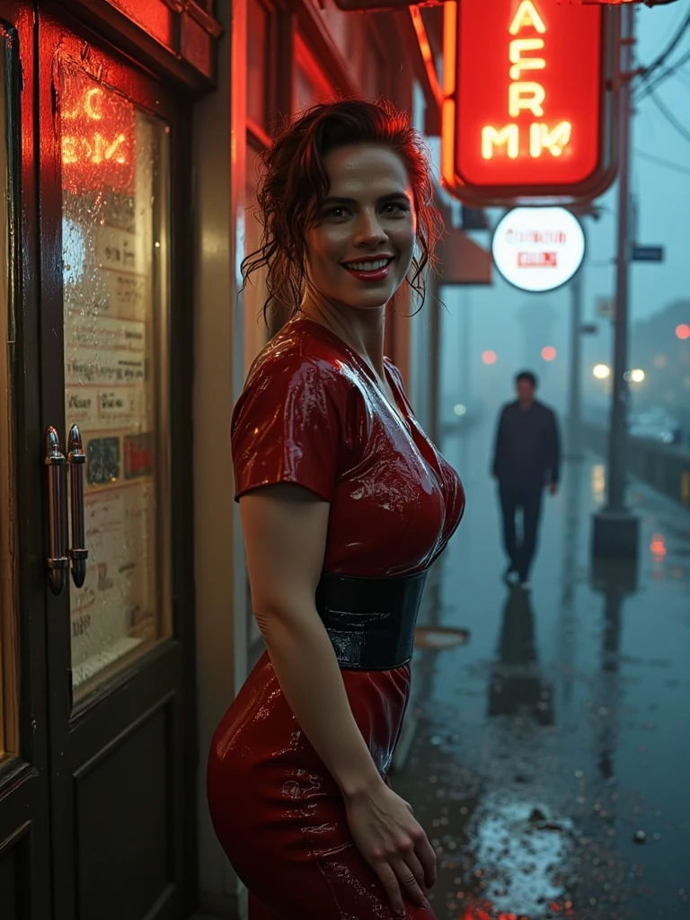 (Thirty year old) woman, standing in the heavy rain, wearing a (long bright red dress:1.2), beautiful legs, (soaked hair:1.2), dreamy photo, dramatic pose, looking straight at camera, soft expression, flirty, slight smile, dark city landscape, city lights, crowd of dark strangers, misty, Canon, (Detailed features::1.2), real life. Hayley Atwell, intricate, 8k, highly detailed, (extremely detailed CG unity 8k wallpaper), ((square jaw)), (well defined jaw), (downturned lips), (detailed ???????), Hyperrealistic full shot body image, trending on CGSociety, Intricate, High Detail, Sharp focus, dramatic, volumetric lighting, digital painting, intense, modelshoot style, (extremely detailed CG unity 8k wallpaper), full shot body photo of the most beautiful artwork in the world, pearl skin, professional majestic oil painting