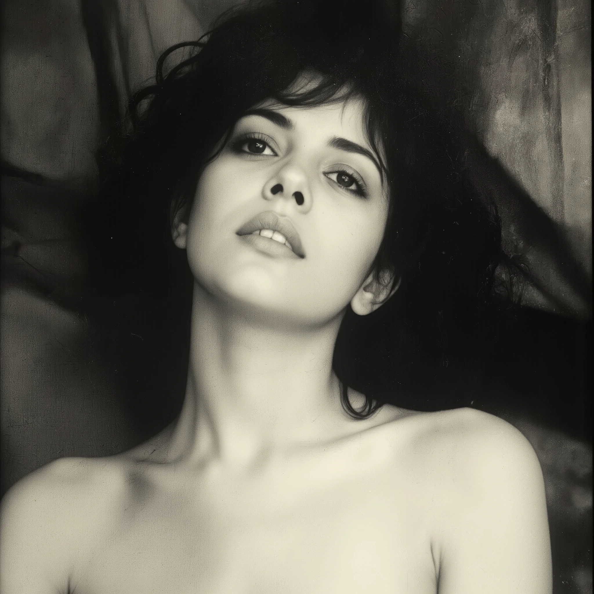  Cinematic photography, eye-level view of a young woman with long, disheveled black curly hair cascading over her bare shoulders. Her skin is pale, contrasting sharply with the dark, matte background that resembles a surface covered in black soot. She gazes upward and to the right with a pensive expression, her black eyes reflecting the subtle flash of light, adding a quiet intensity to her innocent yet mysterious demeanor. A small beauty mark rests just above her delicate upper lip. The composition is an extreme close-up, capturing the raw details of her face — the gentle curve of her small mouth, the shadows playing along her jawline. The photograph is in high-quality black and white, with a classic Ilford film aesthetic, evoking a dramatic, artistic atmosphere. The lighting is moody, highlighting the texture of her skin and hair, while the background remains blurred and enigmatic. The image radiates a vintage, melancholic essence, blending softness with a haunting, cinematic feel. 