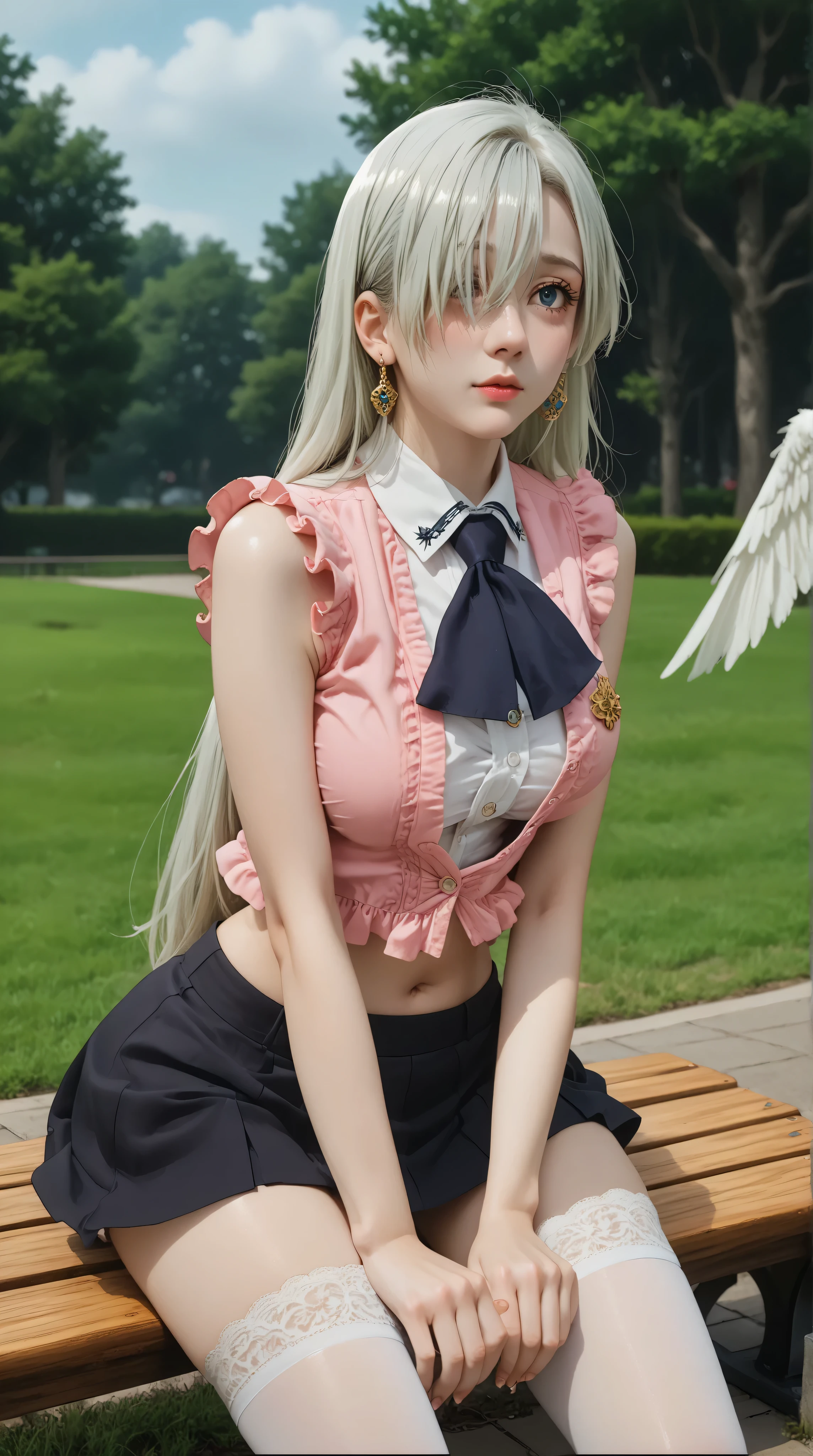 score_9, score_8_arriba, sharp focus,, absurdres, highres, illustration,Angel wings behind his back,
me_facing,,Elizabeth_lions,,hair_over_one_eye, long hair , (silver hair),Mechon covering his eye,on a metal bench in the park,she should be on all fours showing her big buttocks to the spectator and her big breasts,neckline, very large breasts,very large hips and very large thighs,
skirt, open chest shirt, high stockings, navel, jewelry, earrings, sleeveless, abdomen, black skirt, handkerchief, sleeveless shirt, pink open chest shirt,
white background,