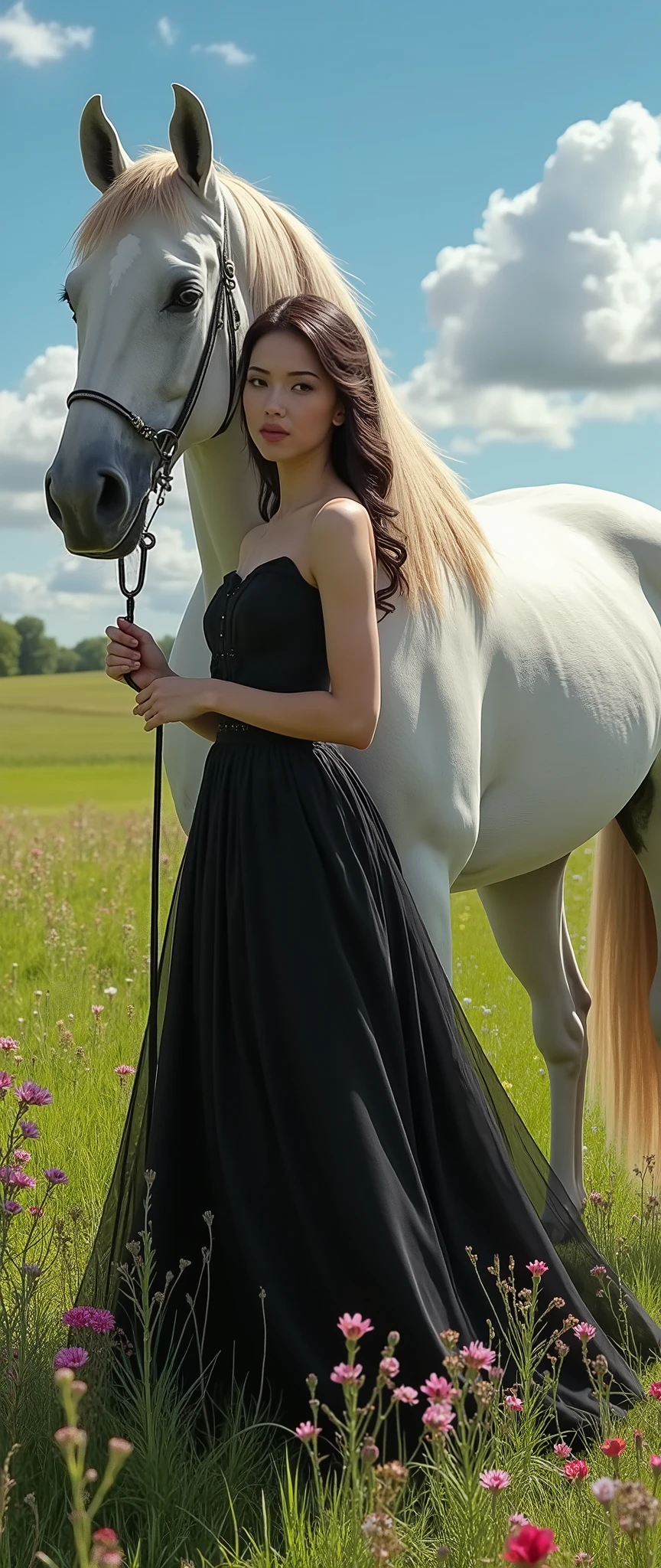 in high-definition images、Raphaelo-style images、black dress .beautiful white woman wearing a horse、blue skies and green lawns of the prairie、There are also lots of flowers。