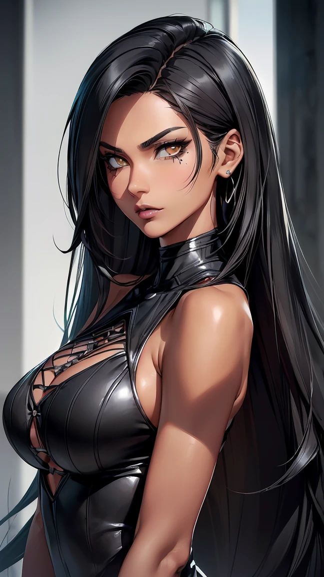 best quality, extremely beautiful, beautiful face, beautiful eyes, woman, shiny tanned skin, black air, in front of a bed in a room, ((black fabric draped mini dress with plunging neckline)), nsfw