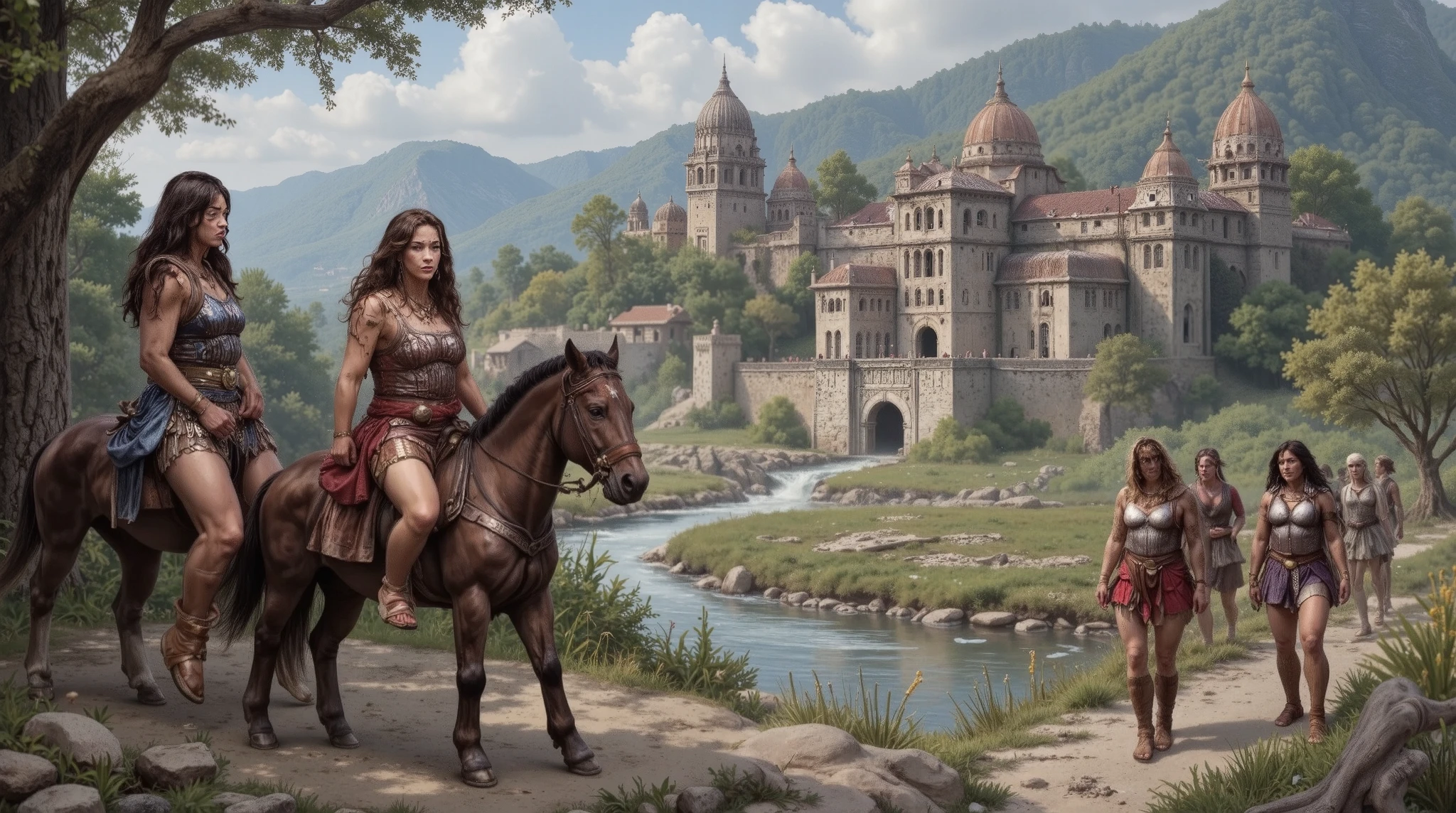 Ancient Greece, Greek Amazons. Only women, ancient Greece, Amazons. The majestic city of Themyscira, the mythical Greek Amazon city. The scene shows Amazons walking around the city, revealing what the city looks like inside the walls. The city is a fortress crossed by a river, with lush gardens and magnificent architecture. The population consists solely of women, most of whom are warriors. Some are dressed in Greek-style armor, conversing, while others are riding horses. The scene captures the grandeur, strength, and mystique of this legendary city.